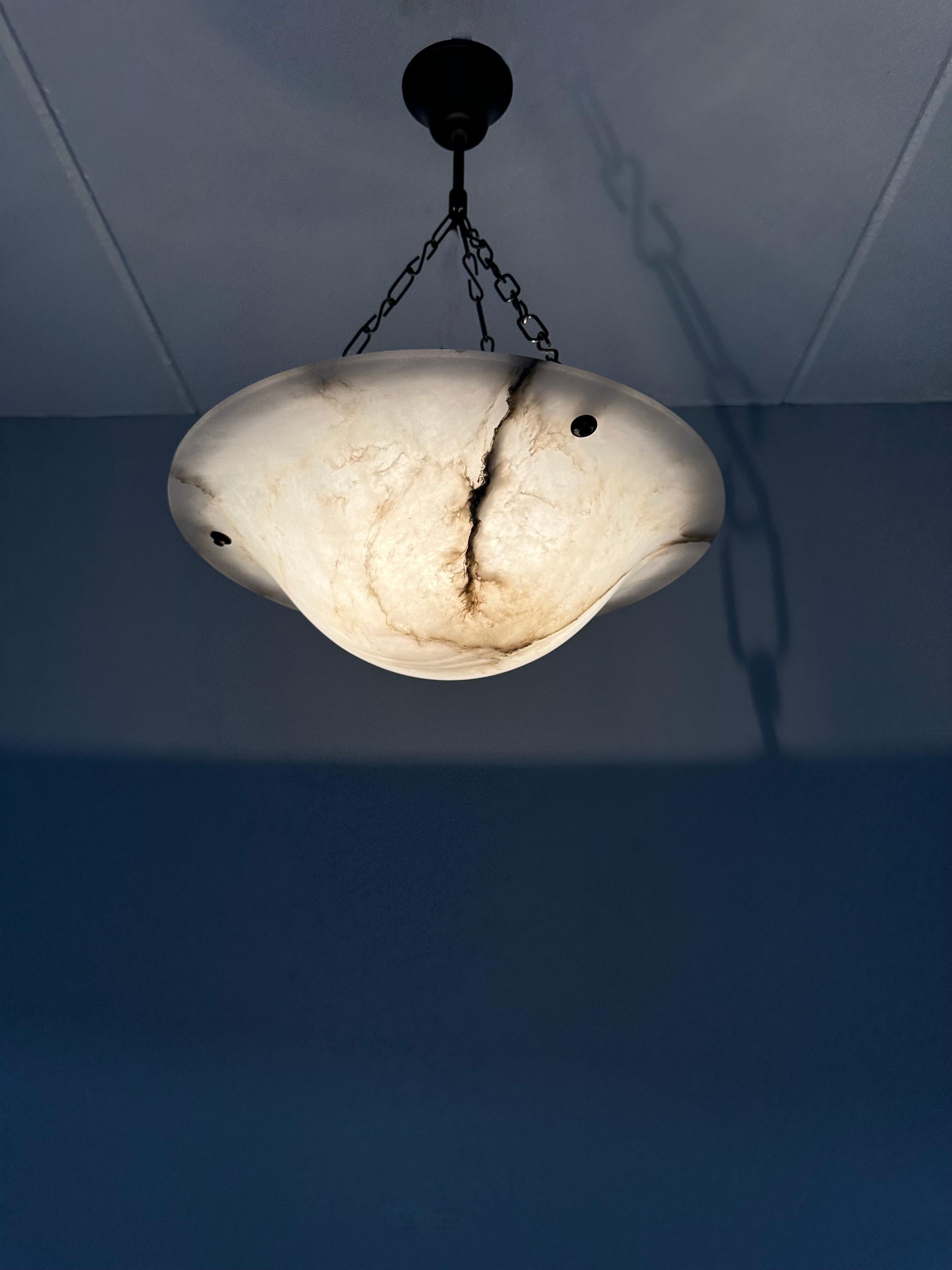 Good Size & Timeless Art Deco White Translucent Alabaster & Black Pendant Light In Good Condition For Sale In Lisse, NL