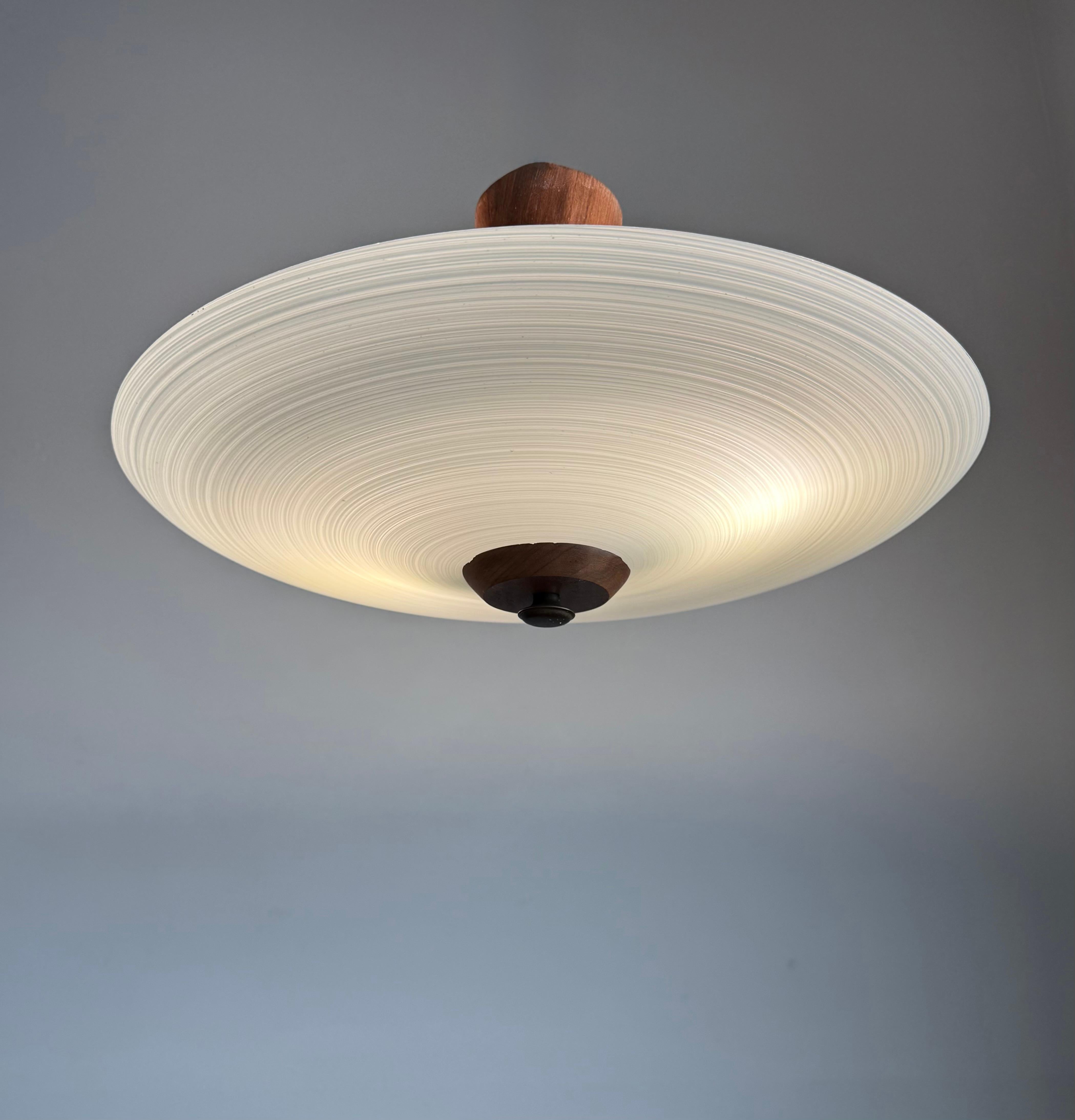 Mid-Century Modern Good Size & Top Quality 2-Light Midcentury White & Grey Art Glass Flush Mount For Sale