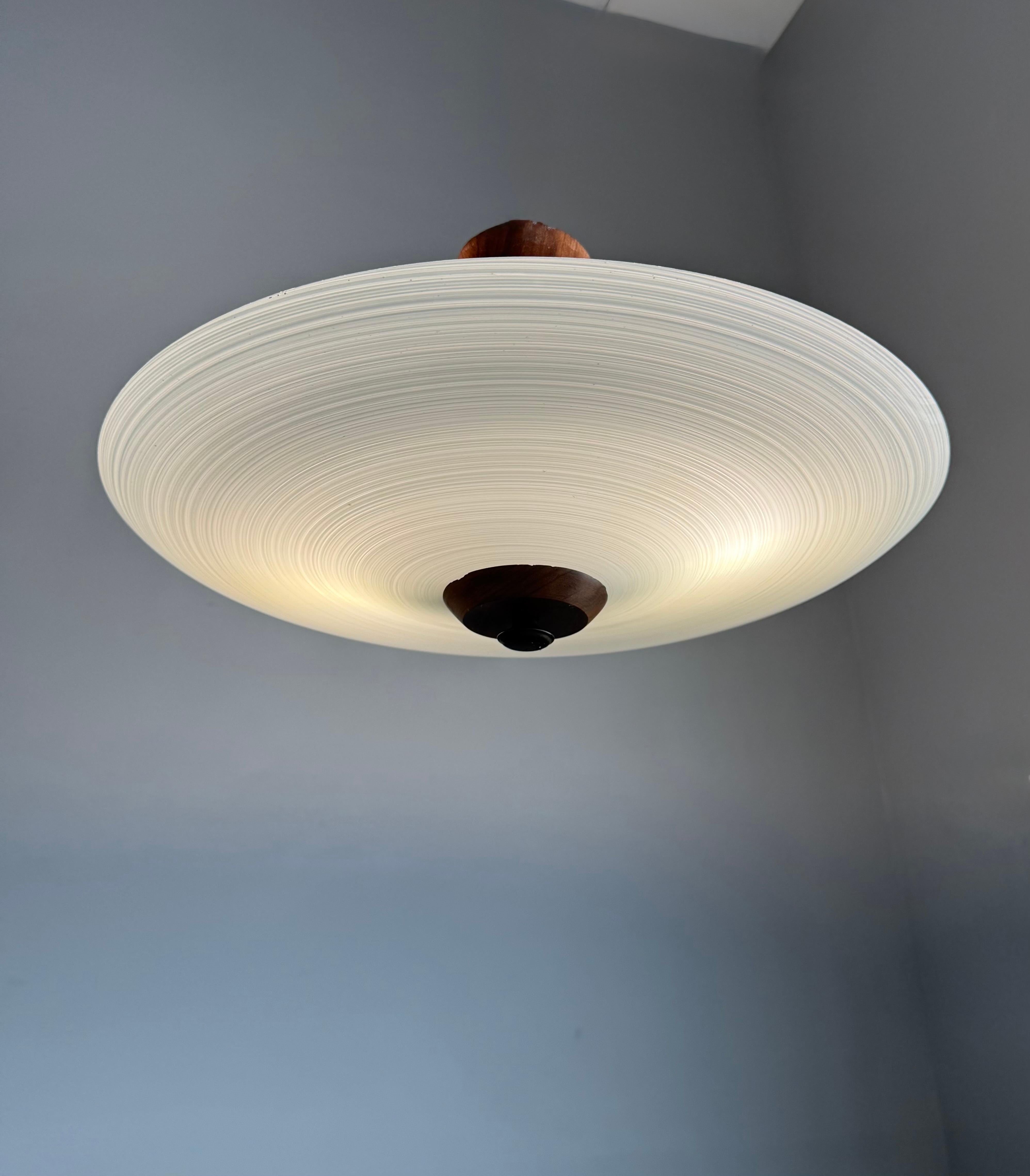 Hand-Crafted Good Size & Top Quality 2-Light Midcentury White & Grey Art Glass Flush Mount For Sale
