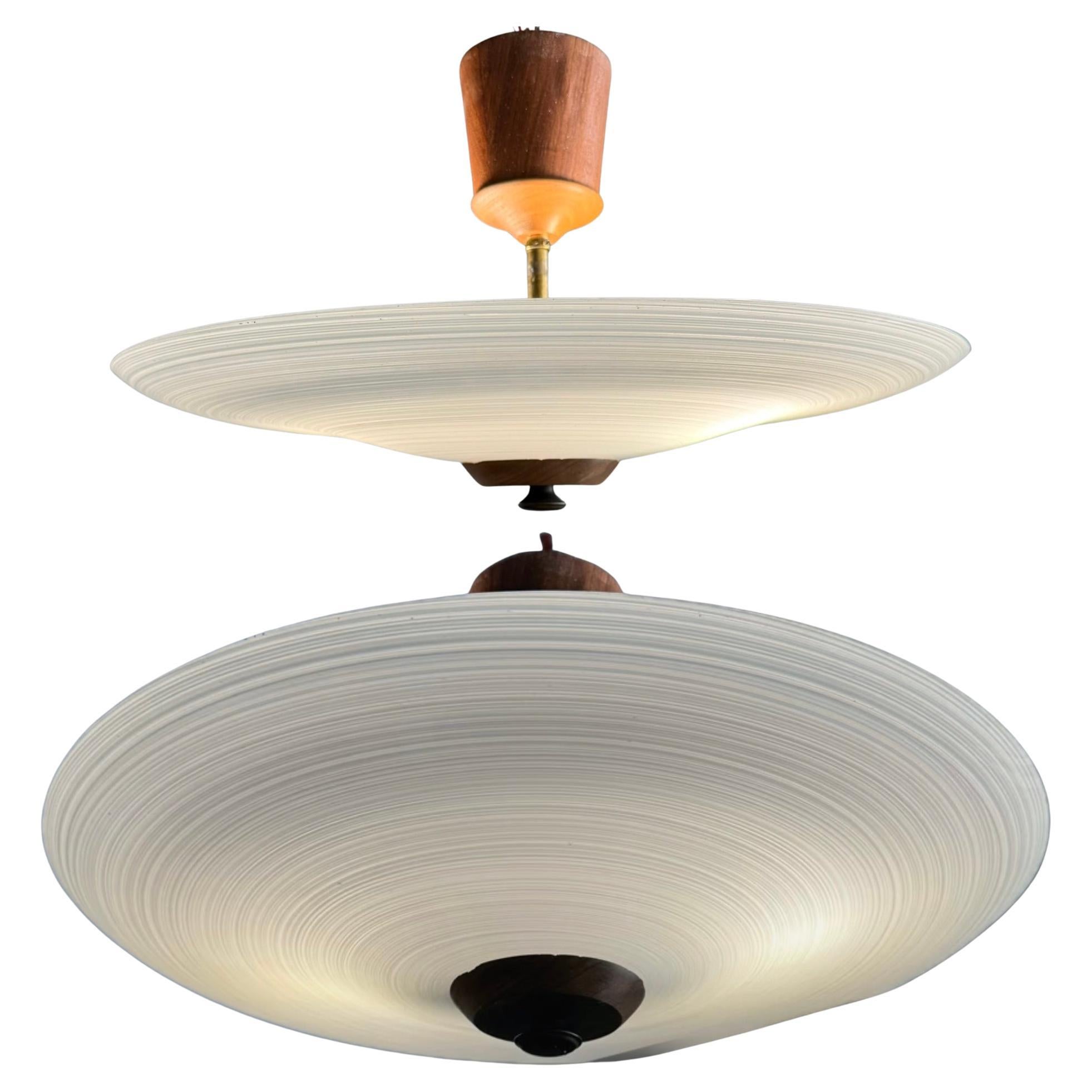 Good Size & Top Quality 2-Light Midcentury White & Grey Art Glass Flush Mount
