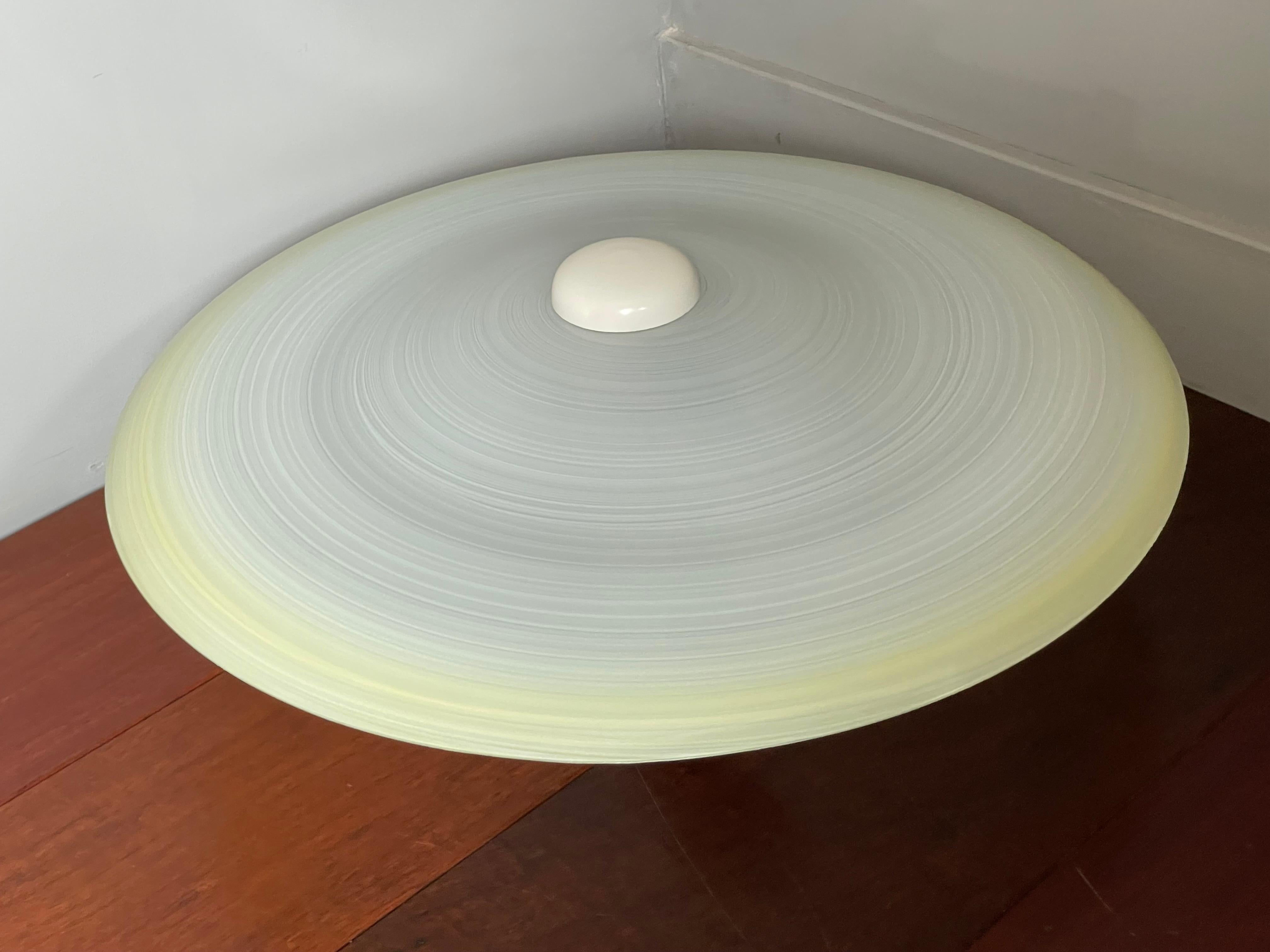 Good Size & Top Quality 2-Light Midcentury Yellow & White Art Glass Flush Mount 9