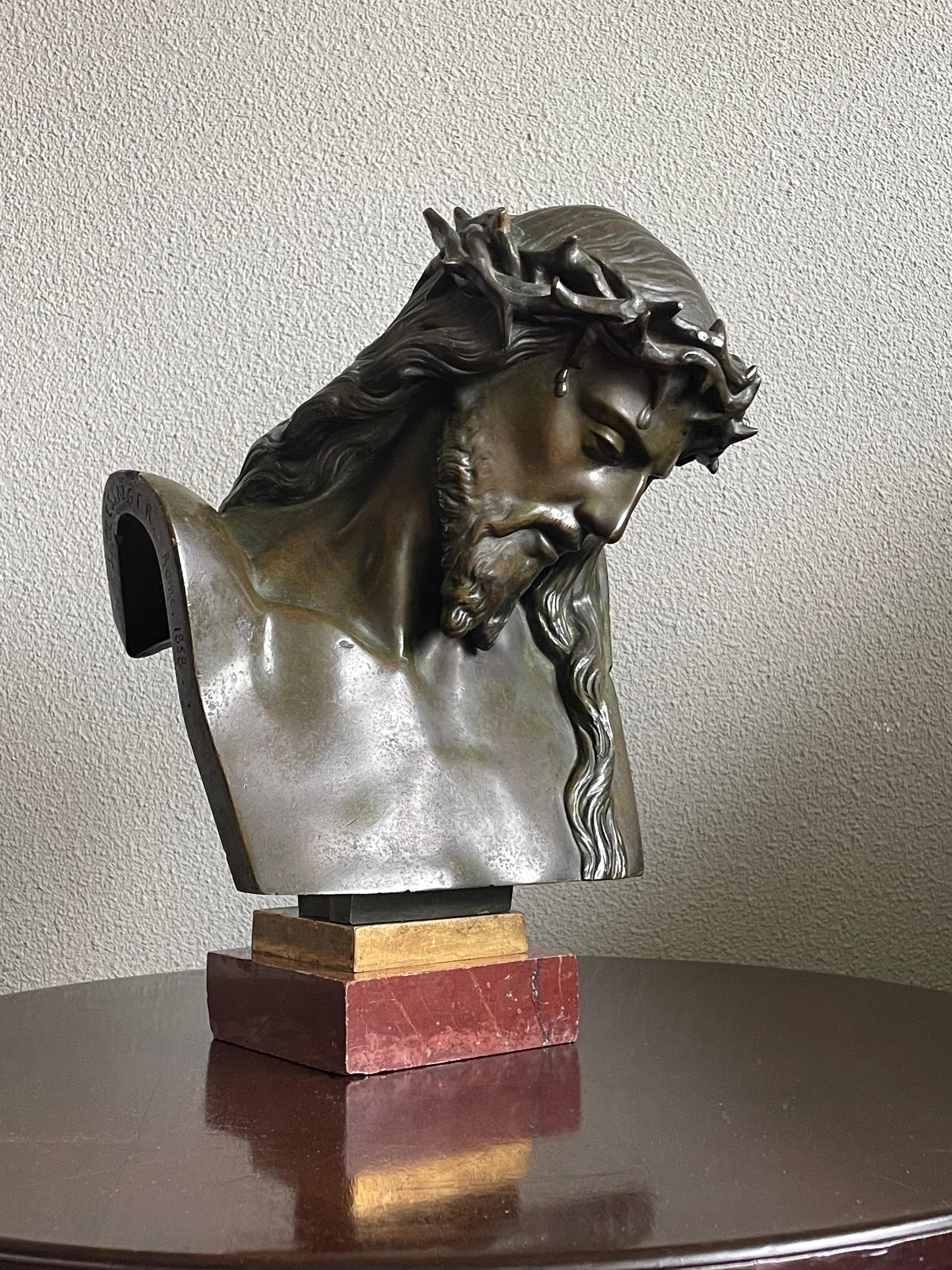 Rare size, antique and signed bronze bust of Jesus Christ with great patina.
 
This striking bronze sculpture by French sculptor Jean-Baptiste Auguste Clésinger (1814-1883) comes in two sizes and this particular bust, although relatively modest in