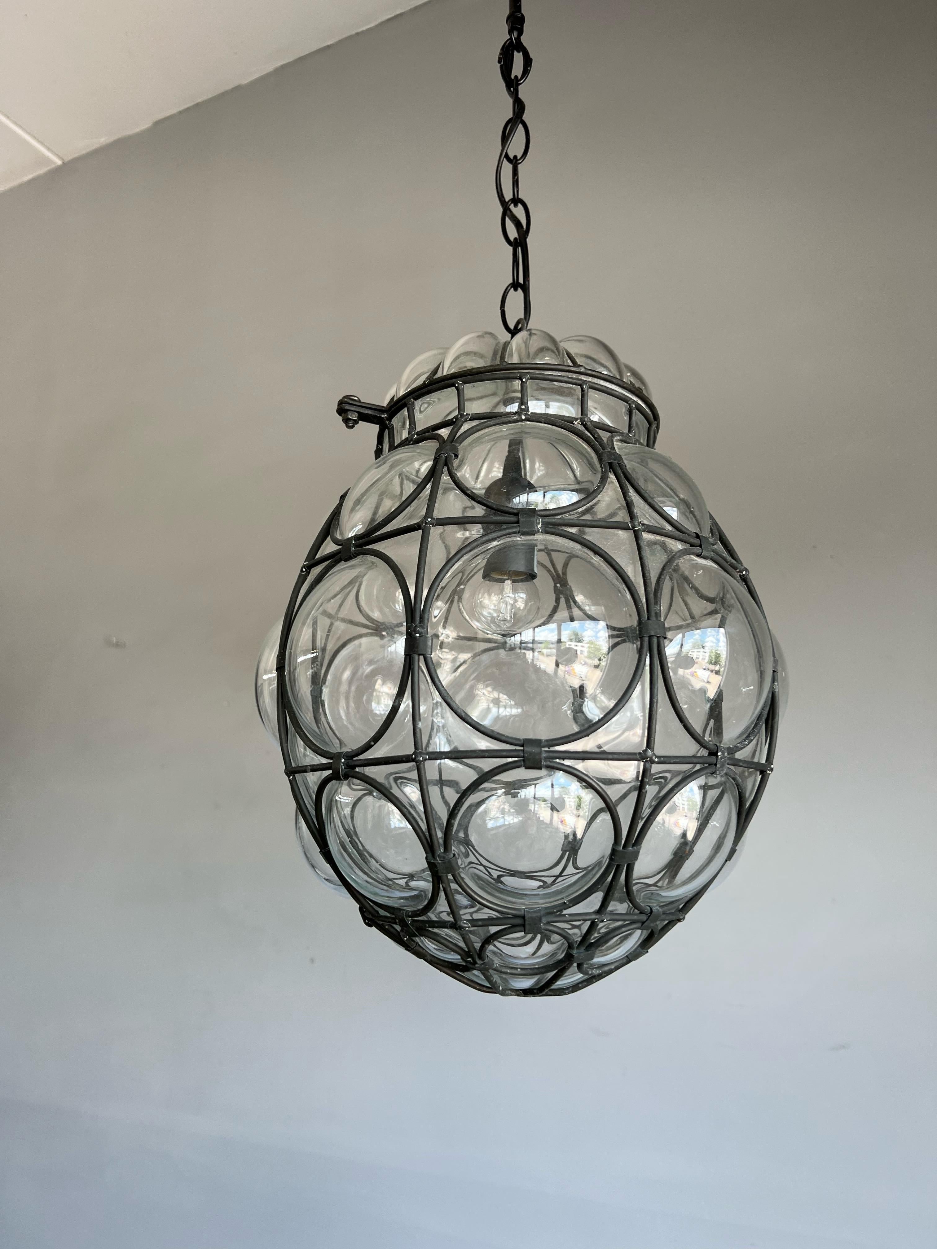 Good Size Venetian Mouth Blown Glass in Hand-Crafted Metal Frame Pendant Light For Sale 5