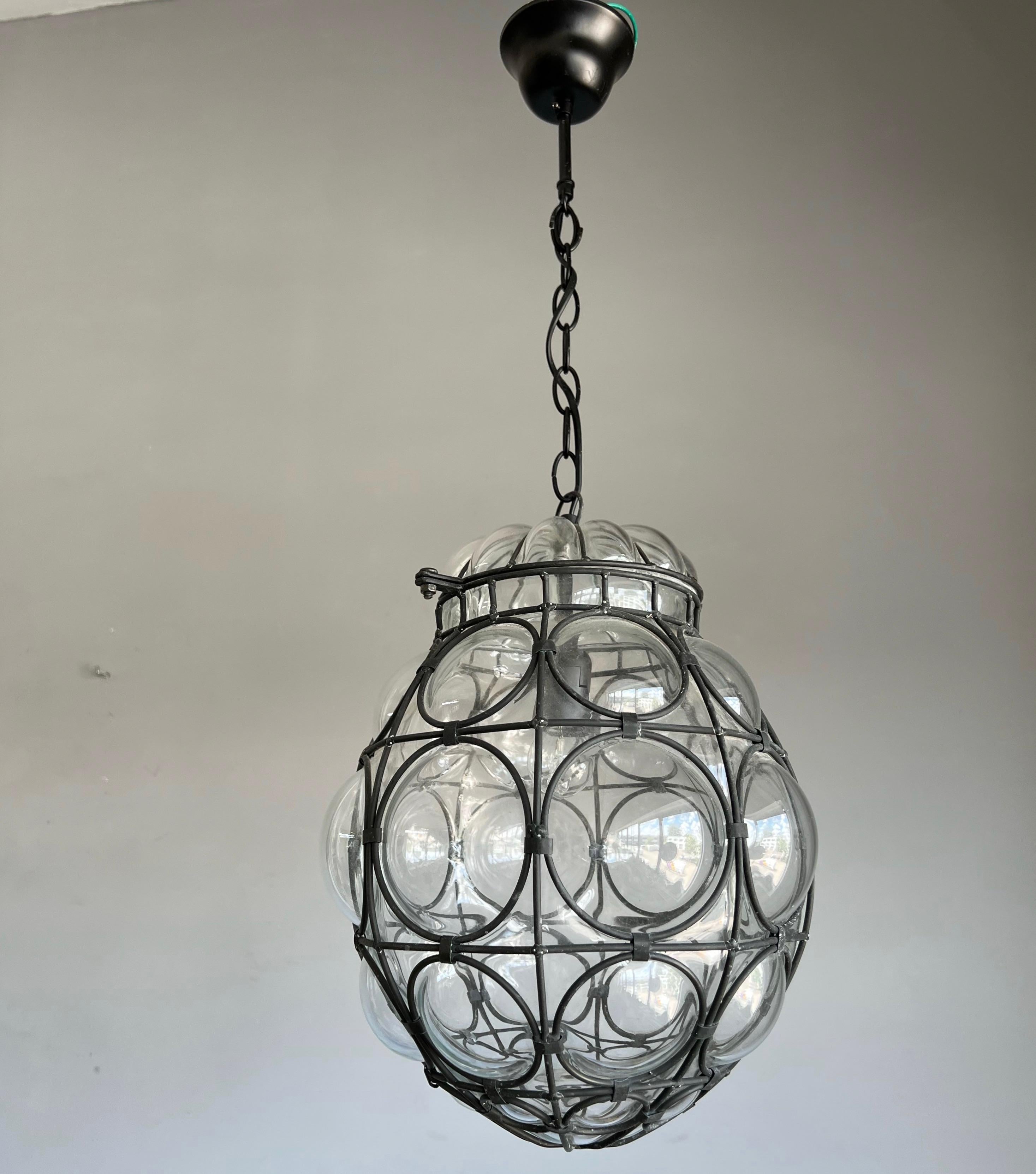 Good Size Venetian Mouth Blown Glass in Hand-Crafted Metal Frame Pendant Light For Sale 6