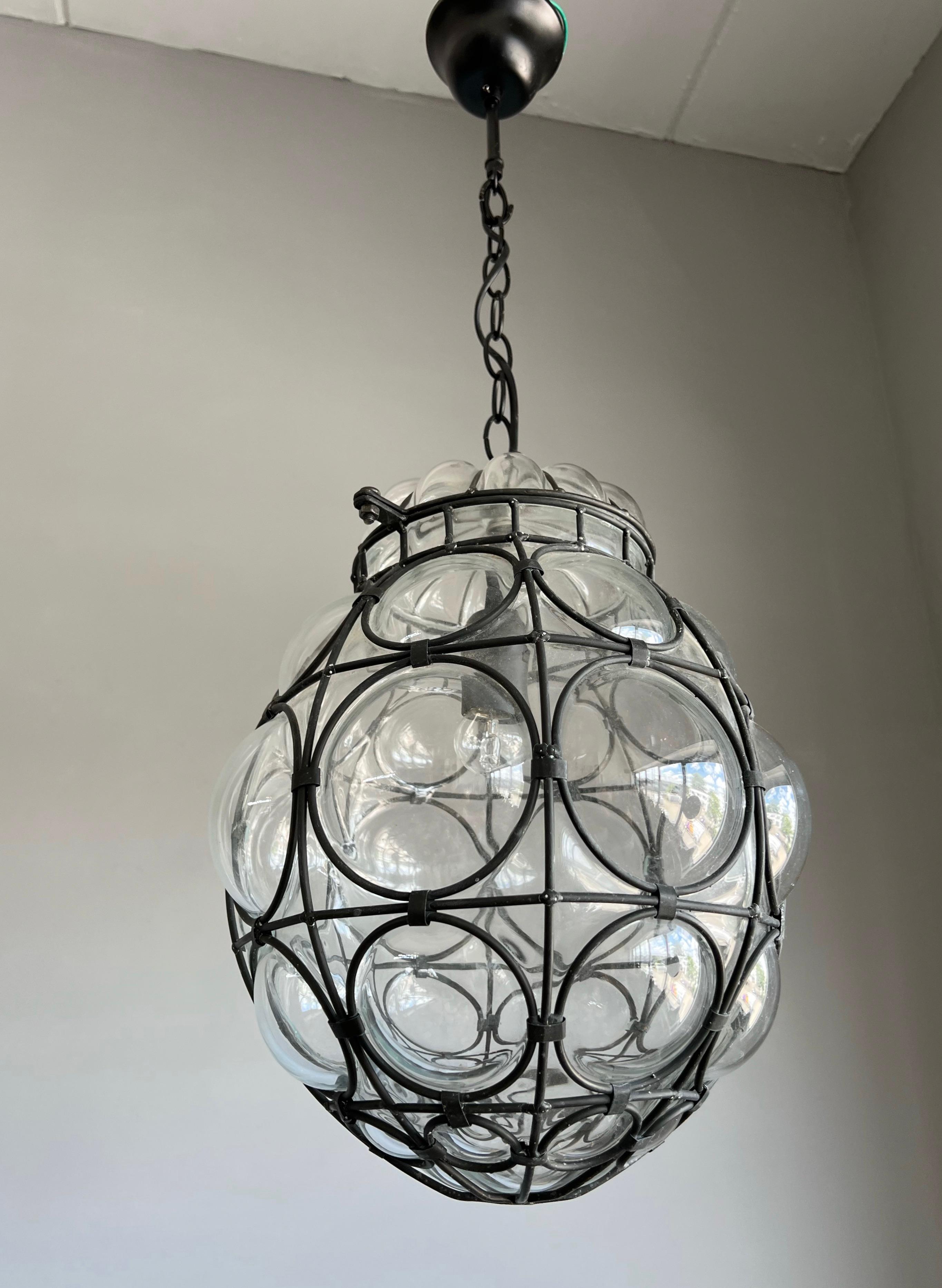 Good Size Venetian Mouth Blown Glass in Hand-Crafted Metal Frame Pendant Light For Sale 10