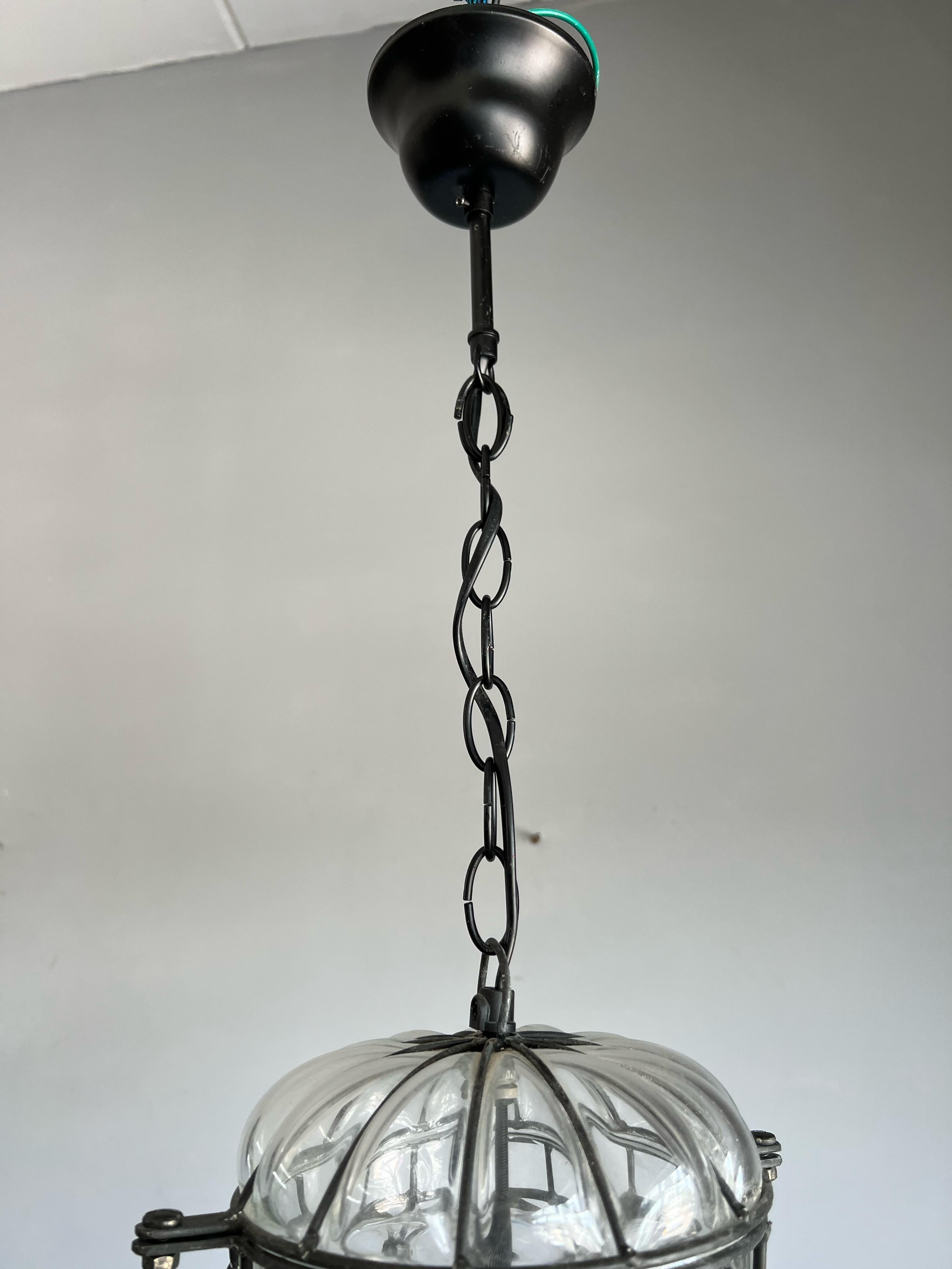 Good Size Venetian Mouth Blown Glass in Hand-Crafted Metal Frame Pendant Light For Sale 11