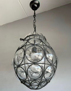 Good Size Venetian Mouth Blown Glass in Hand-Crafted Metal Frame Pendant Light