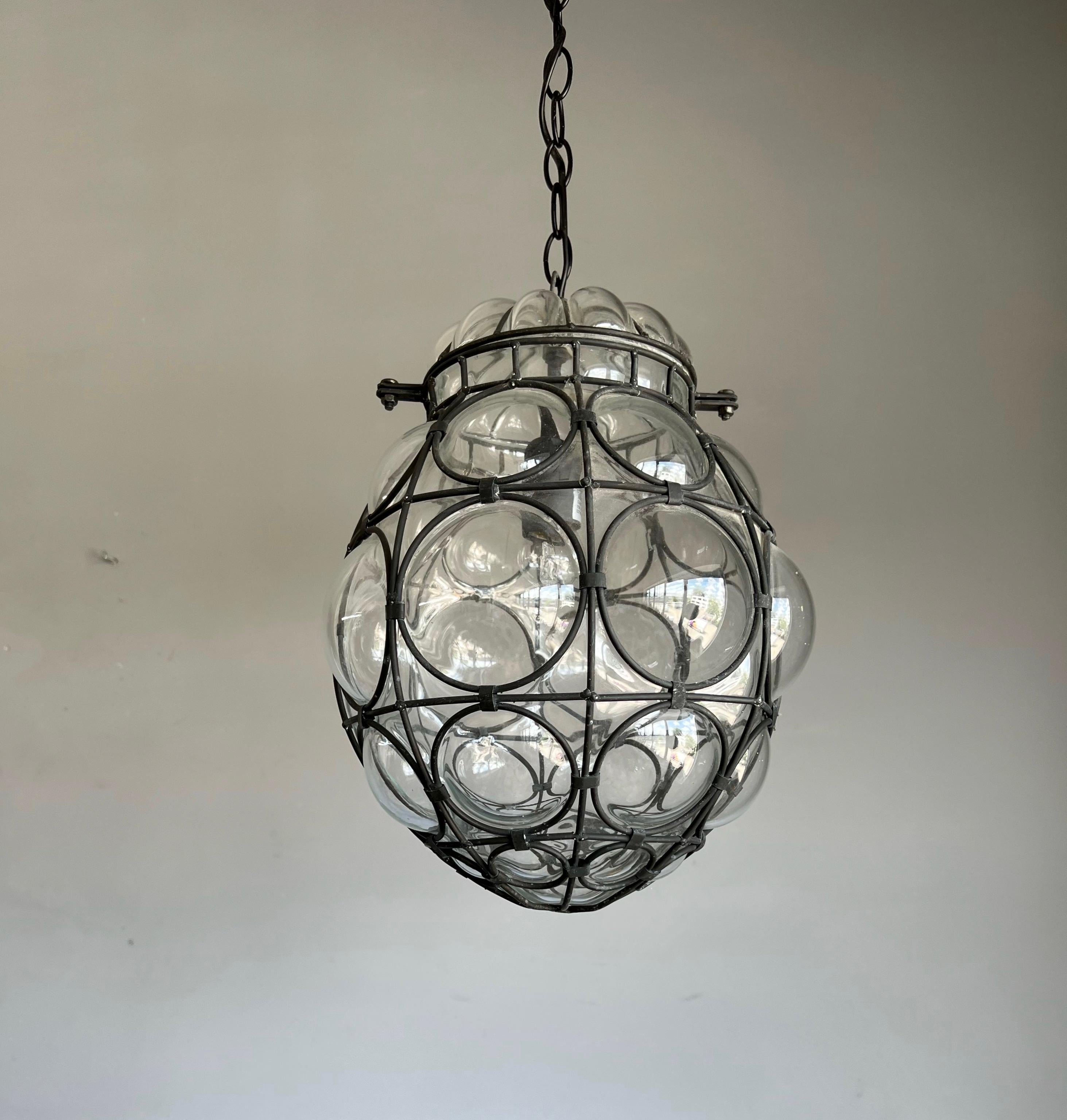 Mid-Century Modern Good Size Venetian Mouth Blown Glass in Hand-Crafted Metal Frame Pendant Light For Sale