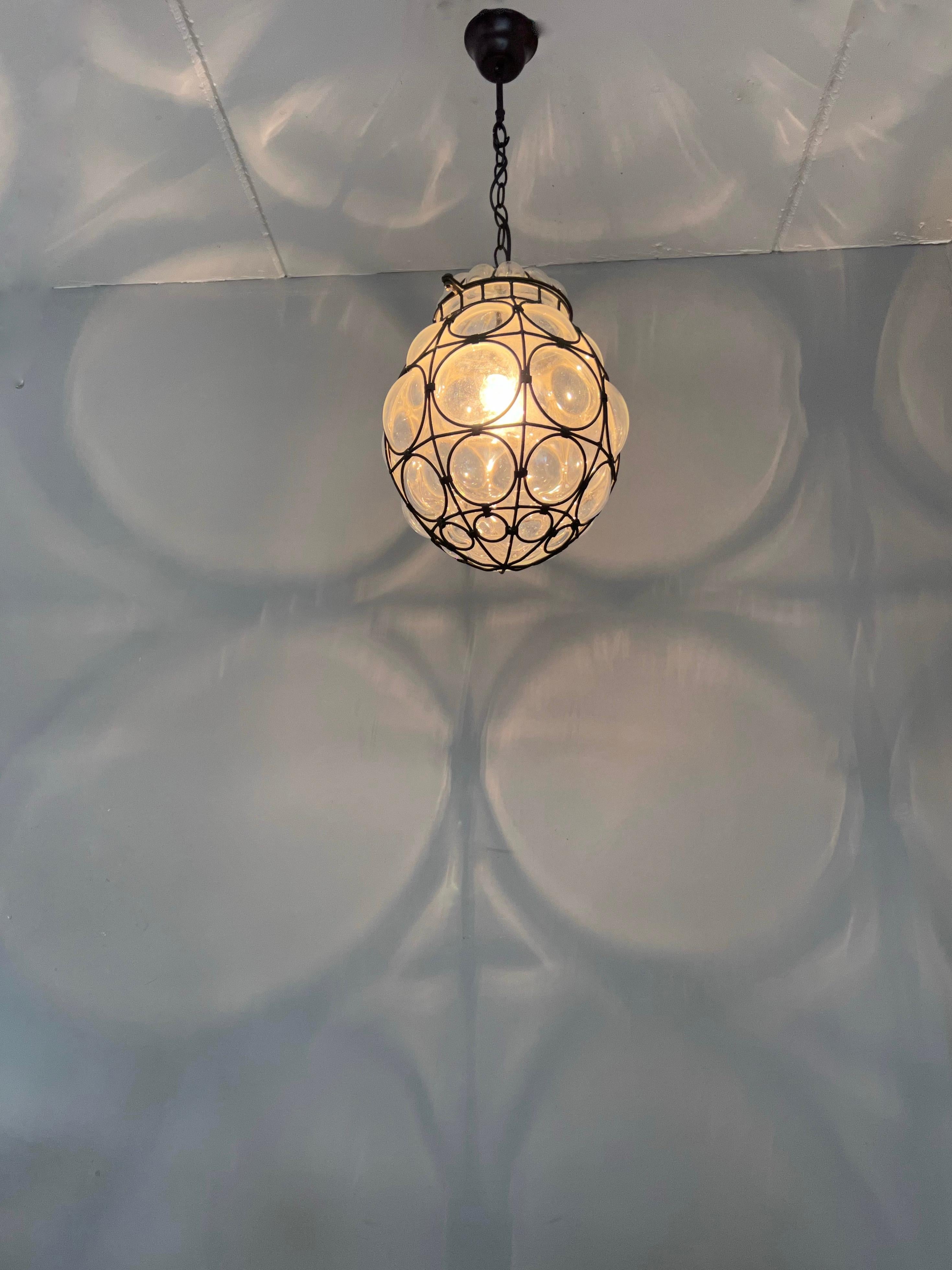 Italian Good Size Venetian Mouth Blown Glass in Hand-Crafted Metal Frame Pendant Light For Sale