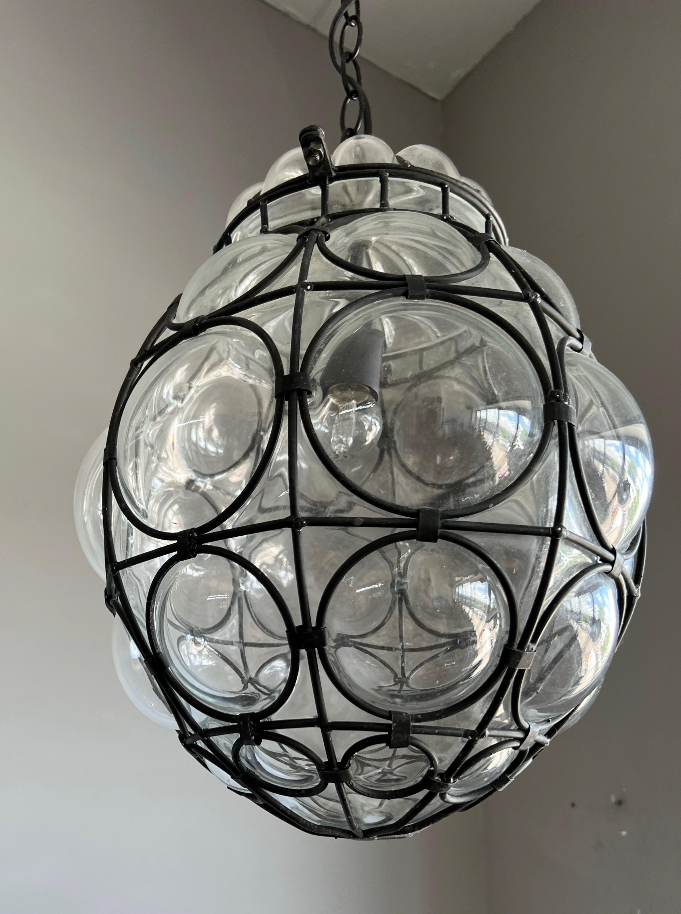 Good Size Venetian Mouth Blown Glass in Hand-Crafted Metal Frame Pendant Light In Good Condition For Sale In Lisse, NL
