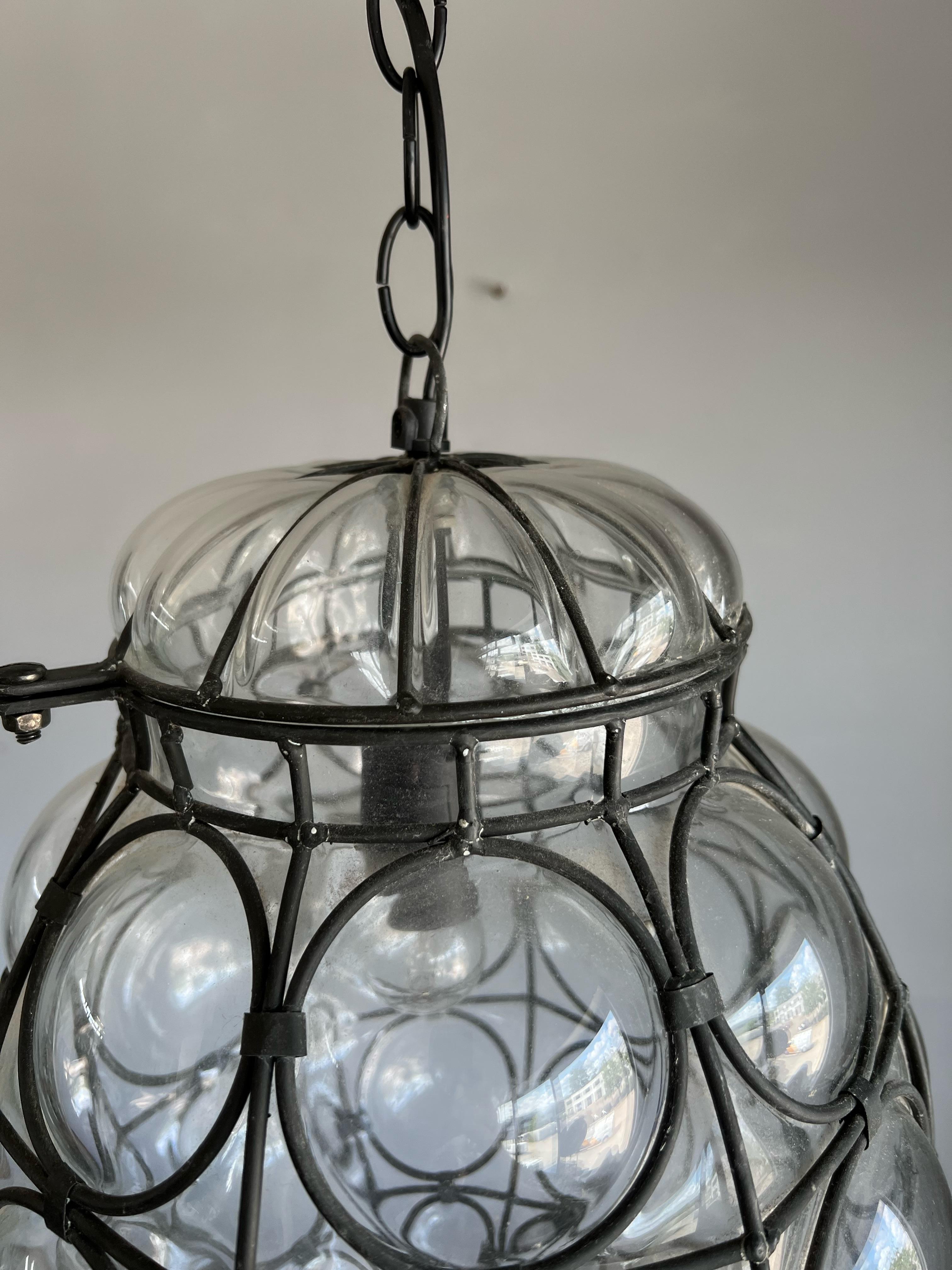 20th Century Good Size Venetian Mouth Blown Glass in Hand-Crafted Metal Frame Pendant Light For Sale