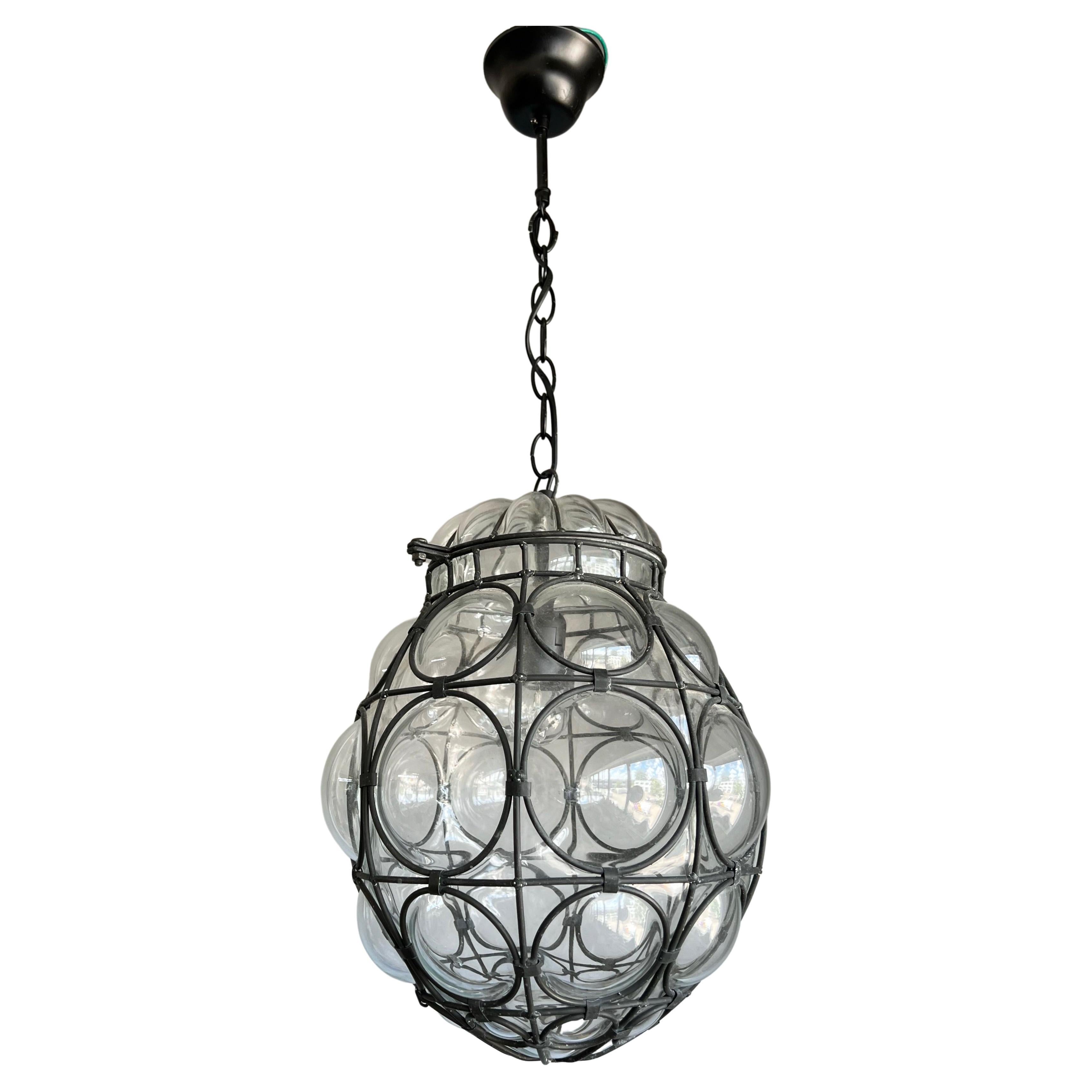 Good Size Venetian Mouth Blown Glass in Hand-Crafted Metal Frame Pendant Light For Sale