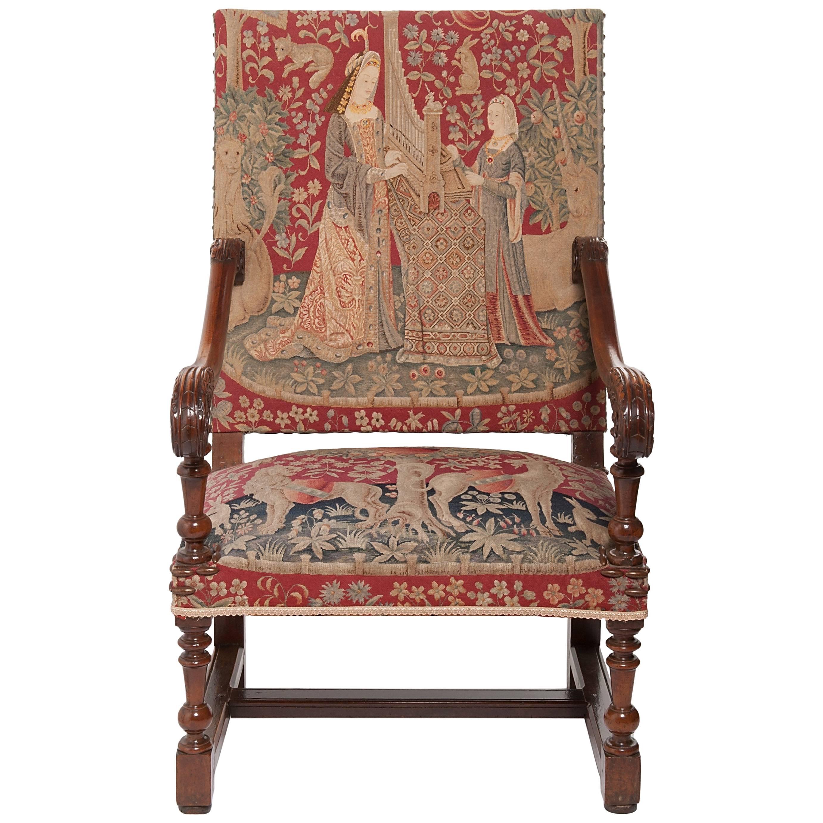 Good Tapestry Upholstered Walnut Louis XIV Armchair For Sale