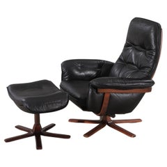 "Goodman" Swivel Lounge Chair + Ottoman in Black Leather