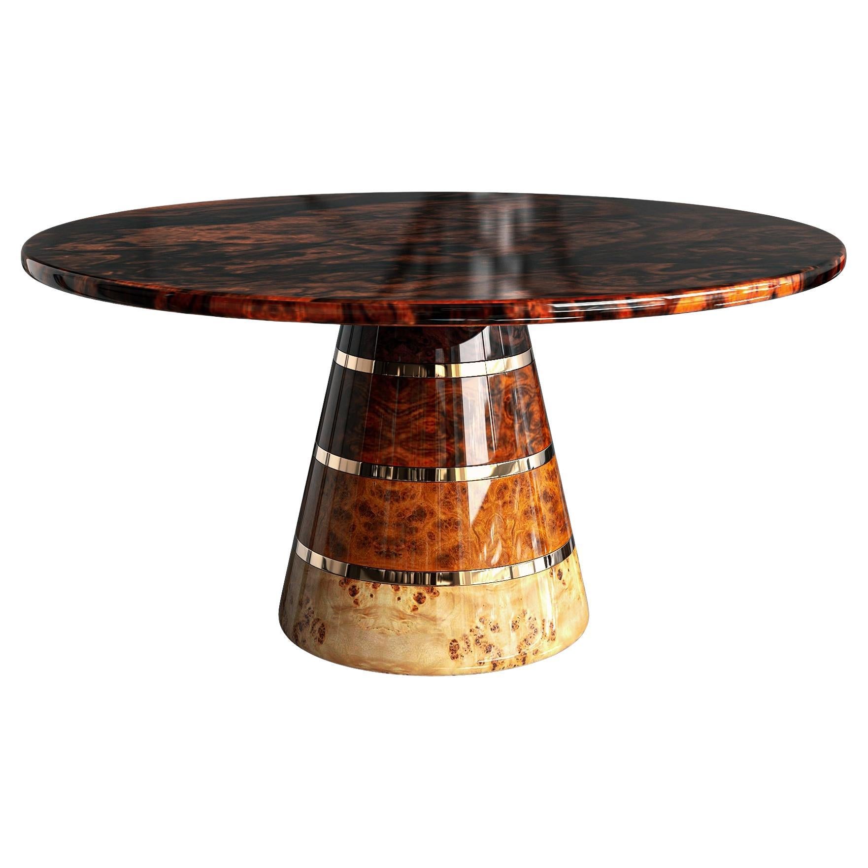 "Goodwood" Round Table with Unique Woods and Bronze Details, Handmade, Istanbul