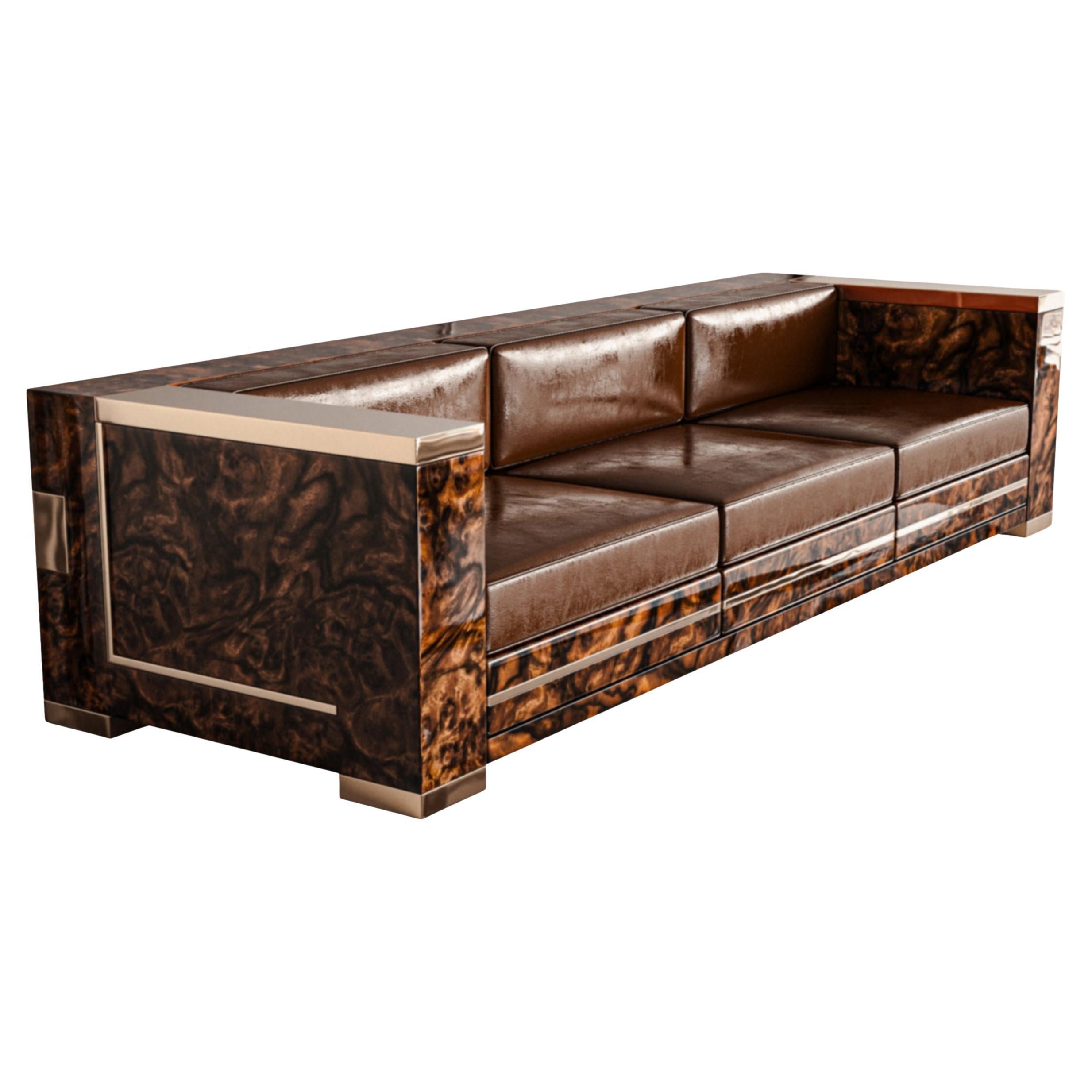 Sofá "Goodwood", con bronce, nogal burl, cuero hecho a medida, Estambul en venta