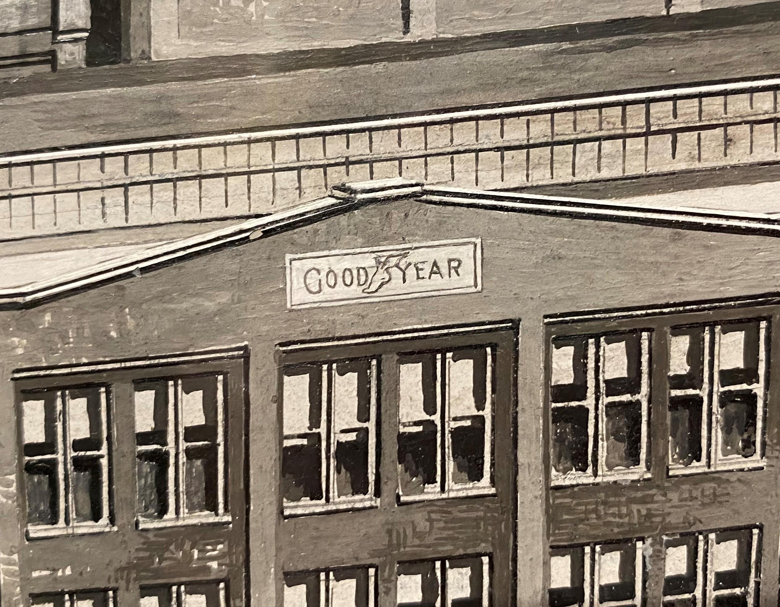 Una stampa panoramica a inchiostro e gouache finemente dettagliata della fabbrica Goodyear all'inizio del XX secolo realizzata da Woodbury & Co, di Worcester, Massachusetts. Questa azienda, fondata nel 1879, era nota per i disegni di vedute aeree di
