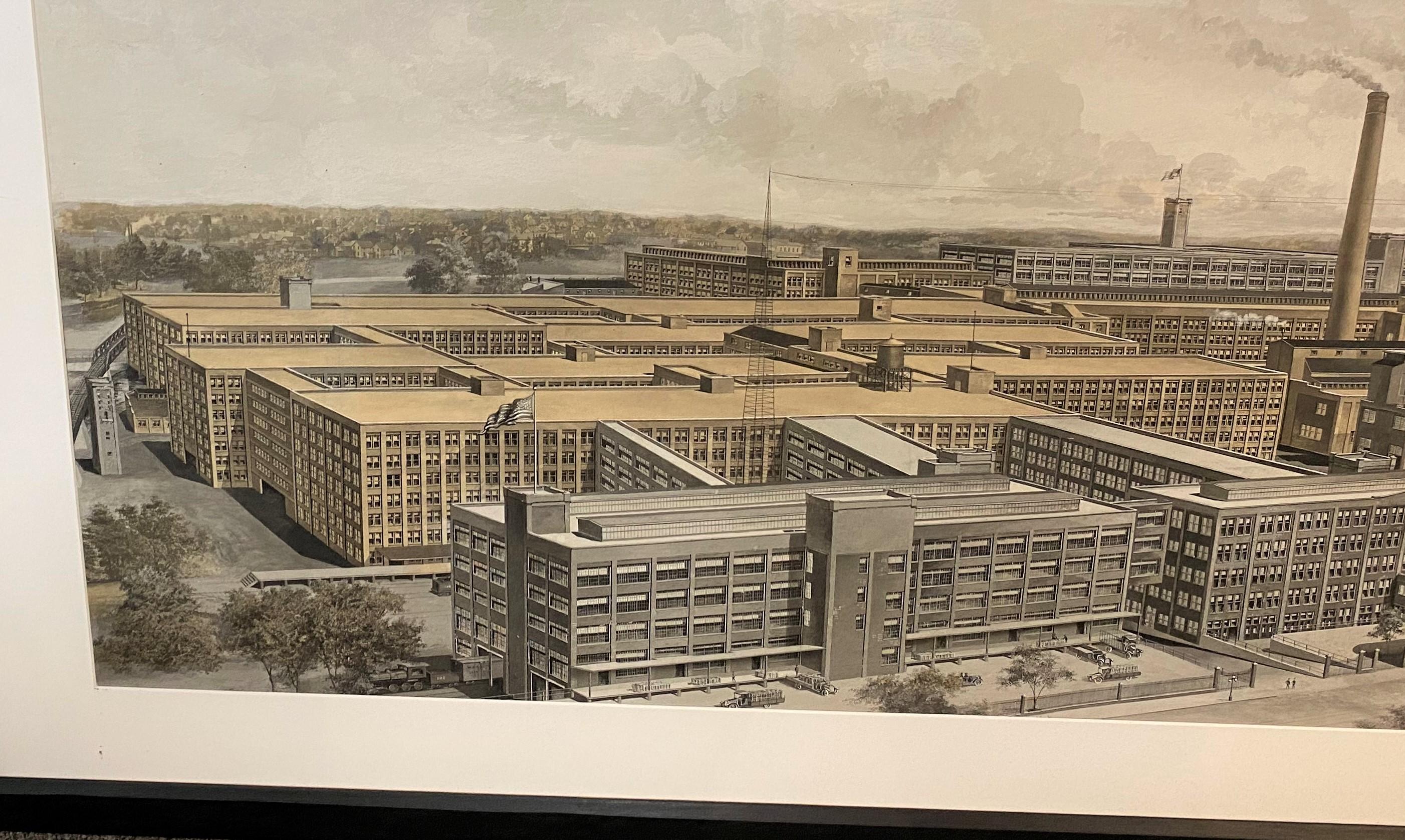 Americano Stampa della fabbrica panoramica Goodyear con guazzo di Woodbury & Co, Worcester MA in vendita