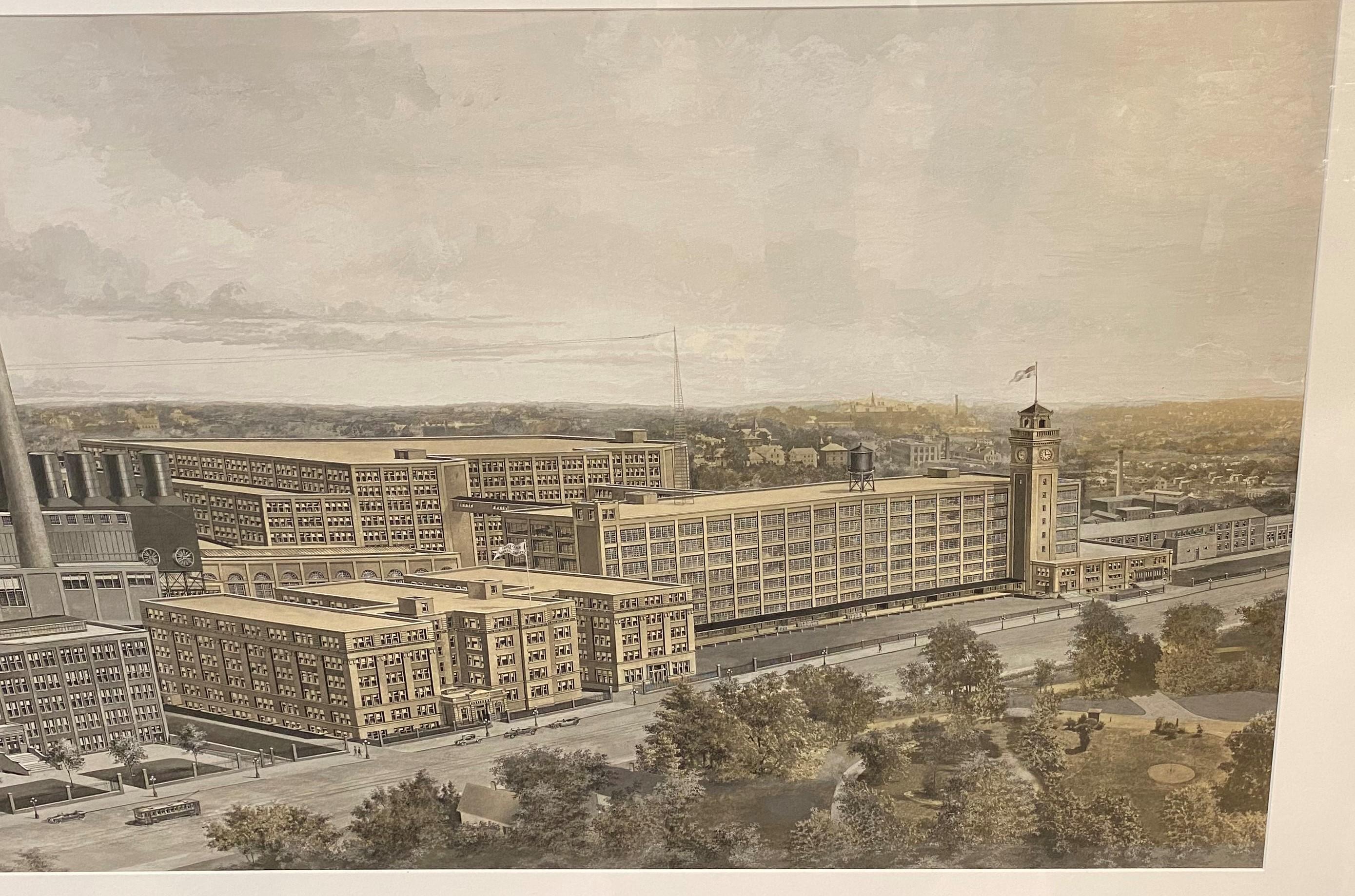 Stampa della fabbrica panoramica Goodyear con guazzo di Woodbury & Co, Worcester MA In condizioni buone in vendita a Milford, NH