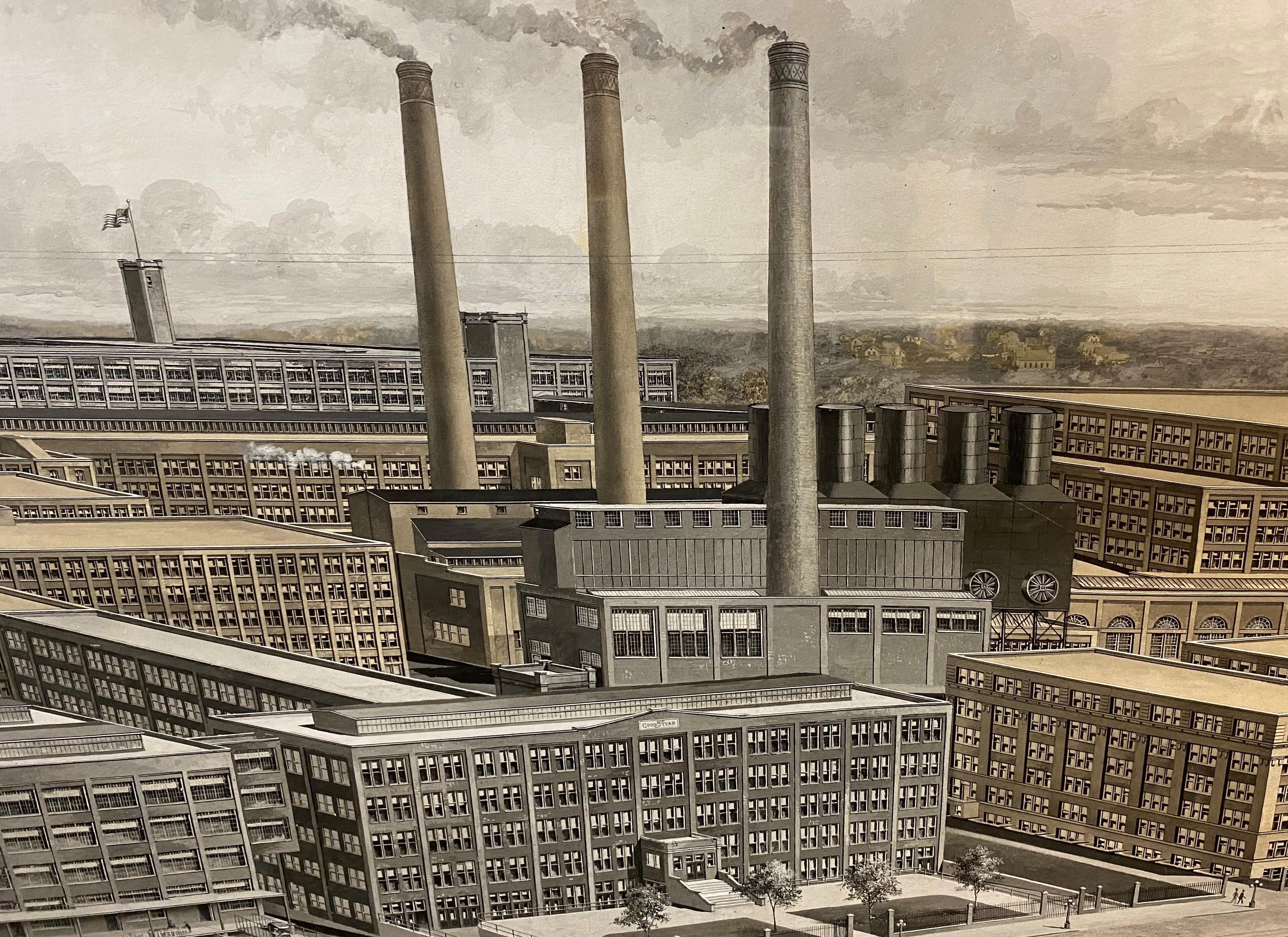 Hand-Painted Goodyear Panoramic Factory Print with Gouache by Woodbury & Co, Worcester MA For Sale