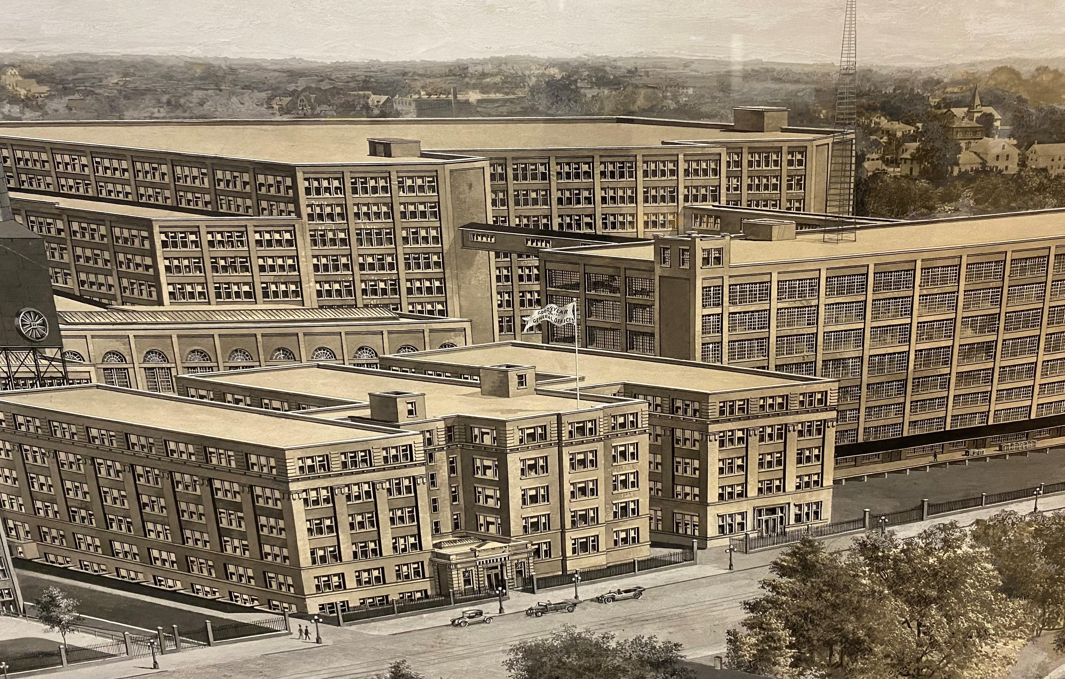 Goodyear Panoramic Factory Print with Gouache by Woodbury & Co, Worcester MA In Good Condition For Sale In Milford, NH