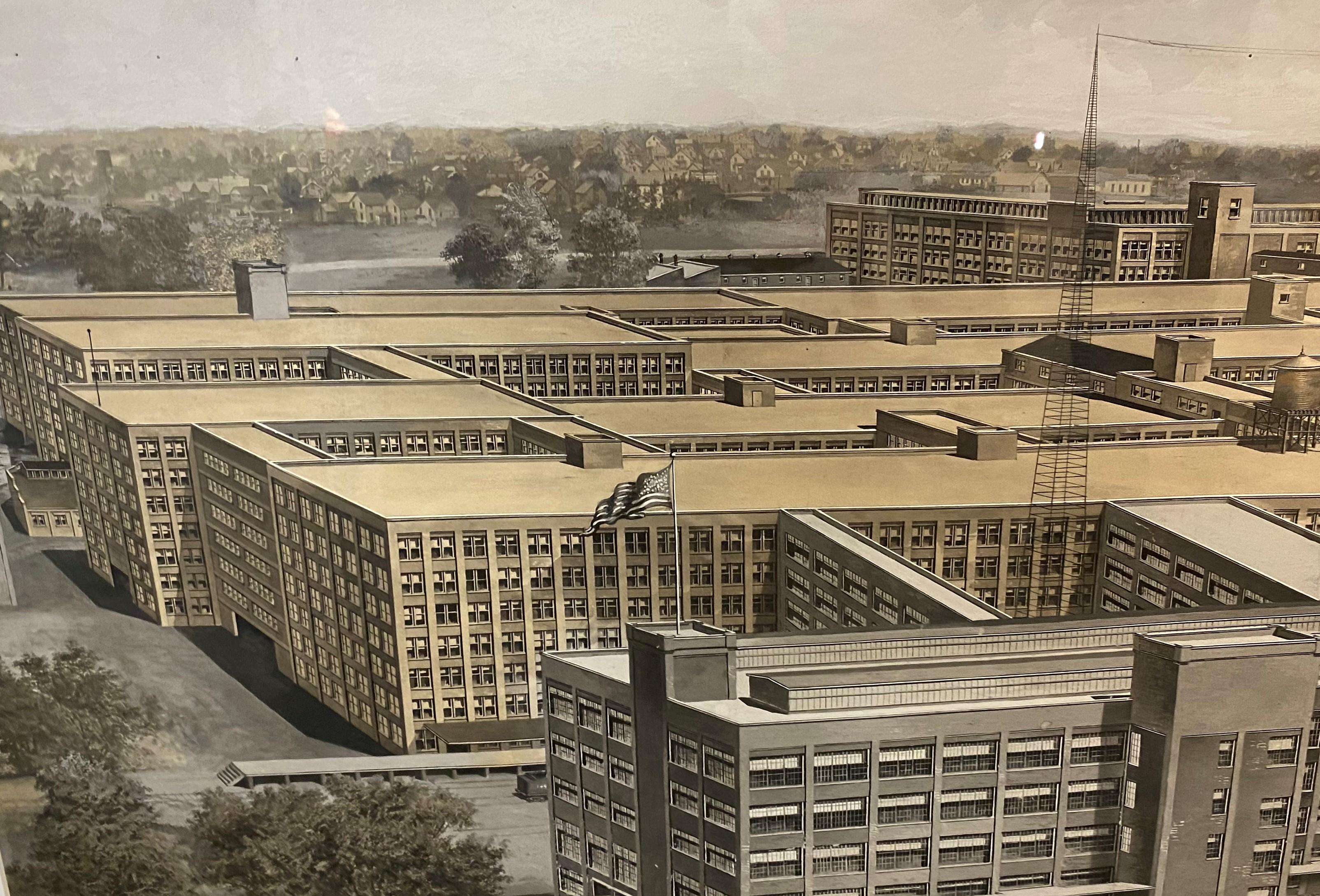 20th Century Goodyear Panoramic Factory Print with Gouache by Woodbury & Co, Worcester MA For Sale