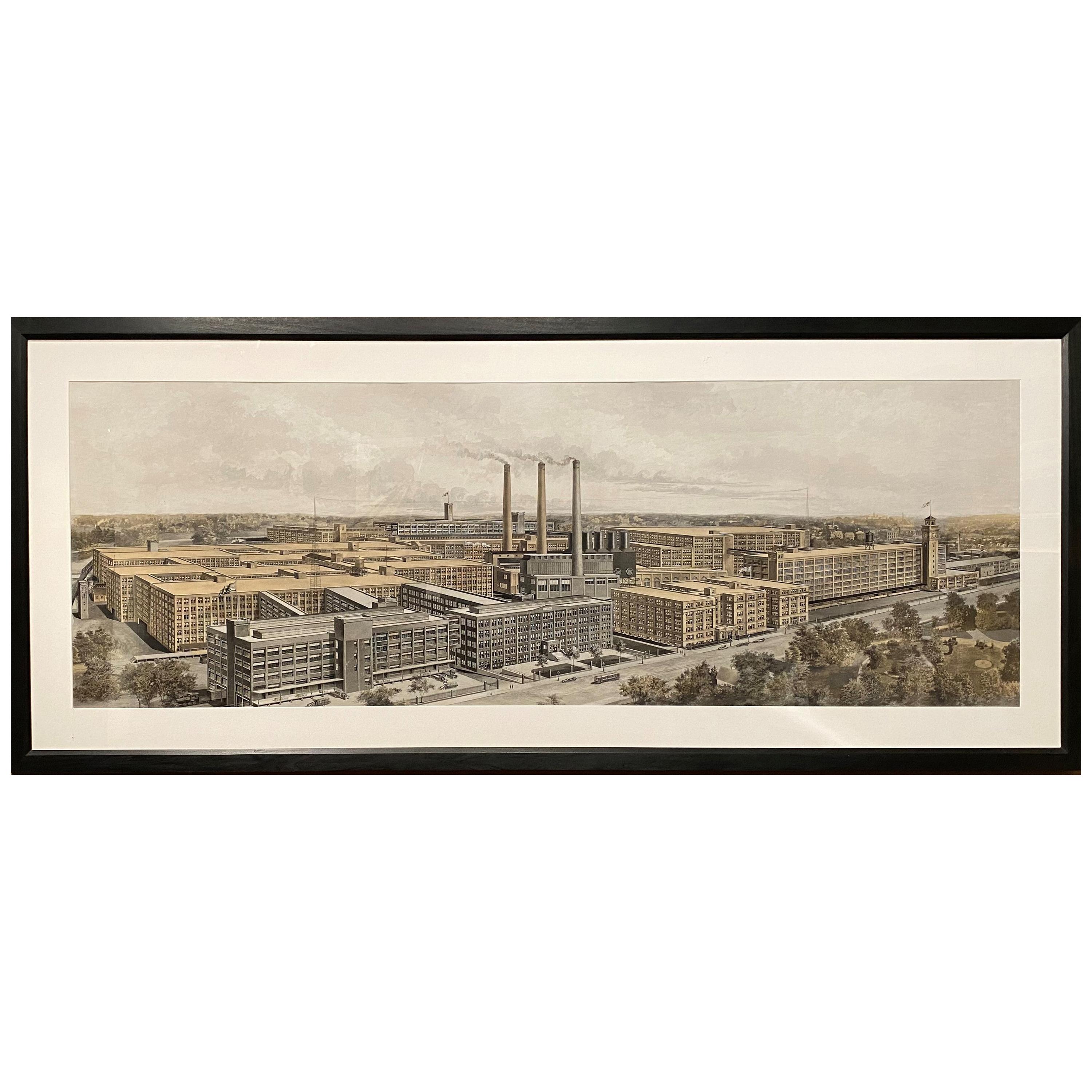 Goodyear Panoramic Factory Print with Gouache by Woodbury & Co, Worcester MA For Sale