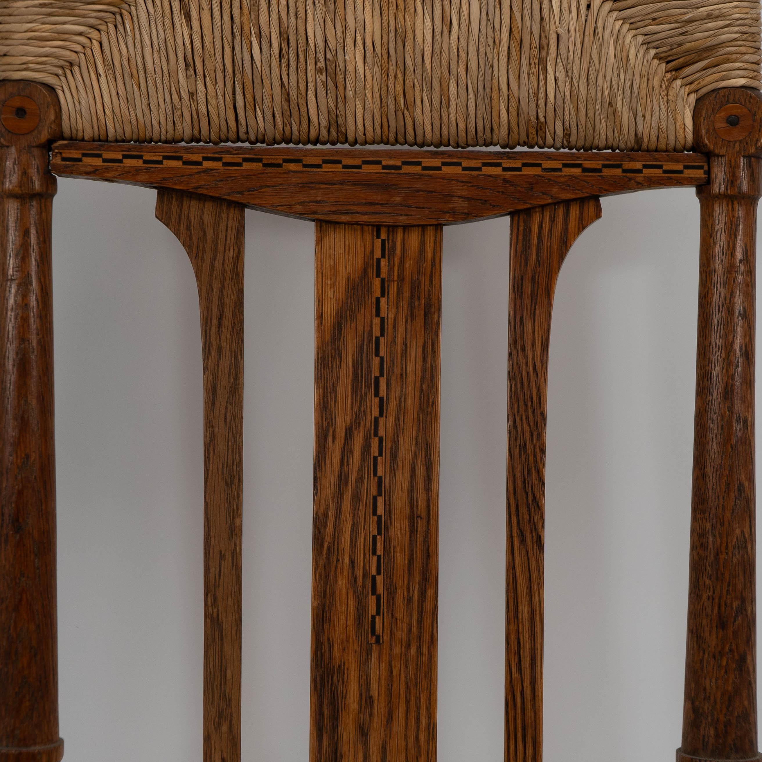 Arts and Crafts Goodyers of Regent St. George Walton style. An Arts & Crafts inlaid rush seat For Sale