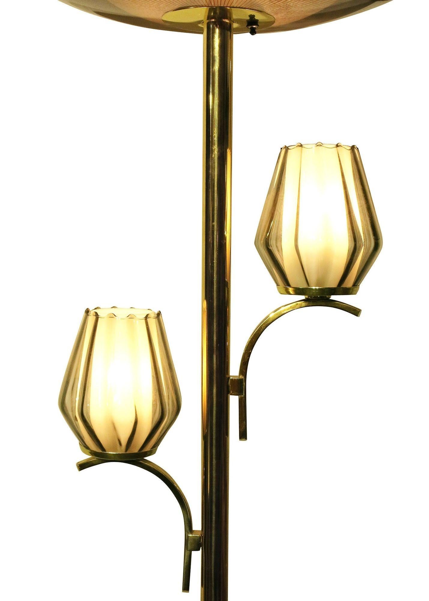 American Mid Century Brass Triple Light Floor to Ceiling Tension Pole Lamp For Sale