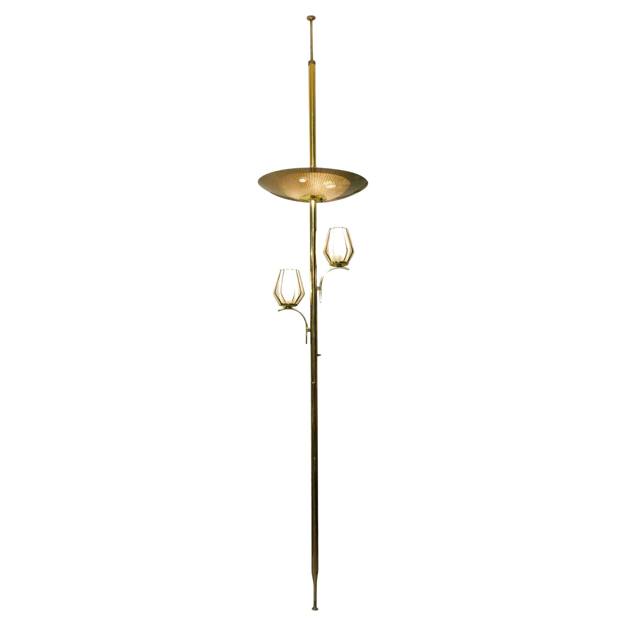 Mid Century Brass Triple Light Floor to Ceiling Tension Pole Lamp For Sale