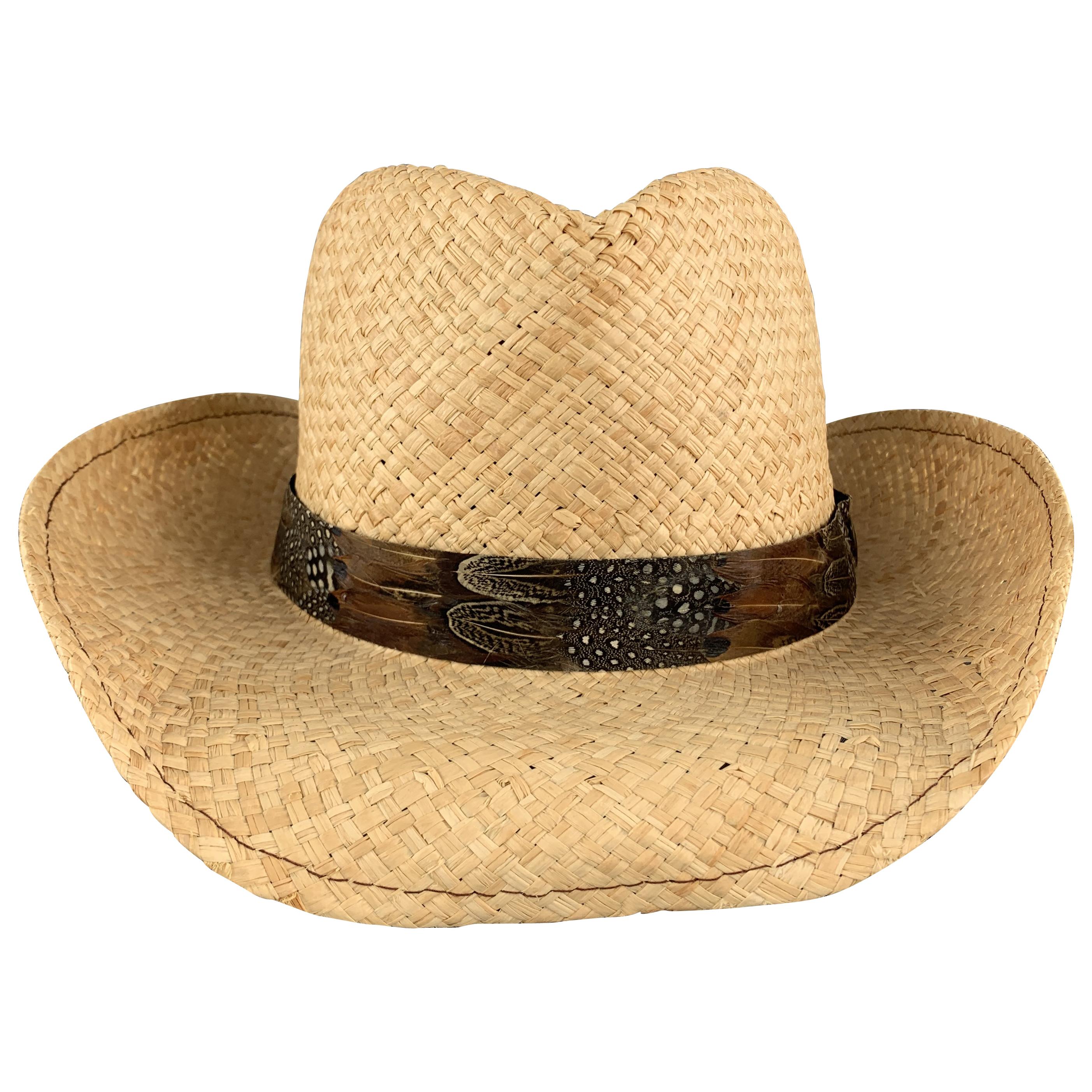 GOORIN BROTHERS Size L Natural Straw WOven Feather Stripe Cowboy Hat