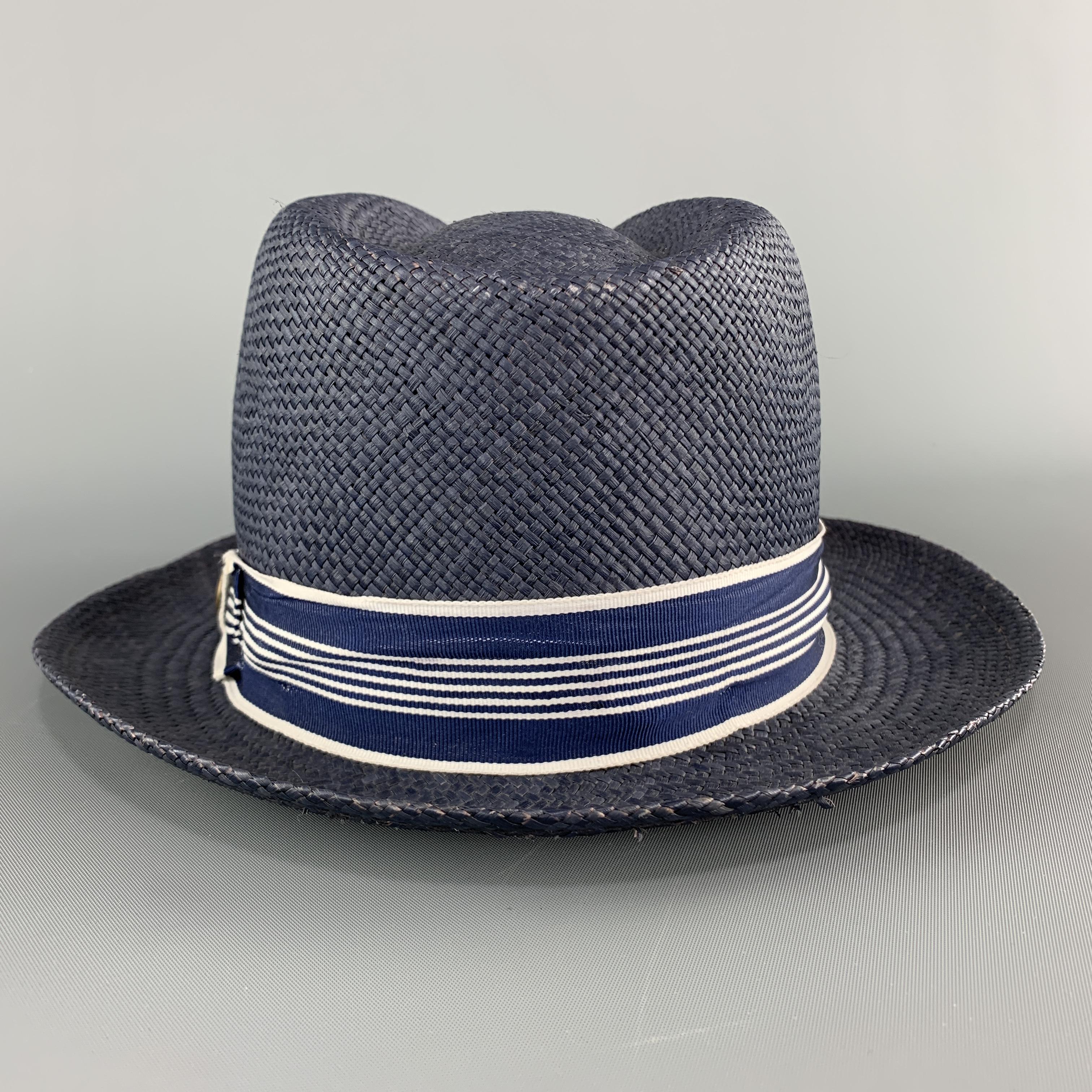 GOORIN BROTHERS Size S Navy Straw Woven Stripe Fedora In Excellent Condition In San Francisco, CA