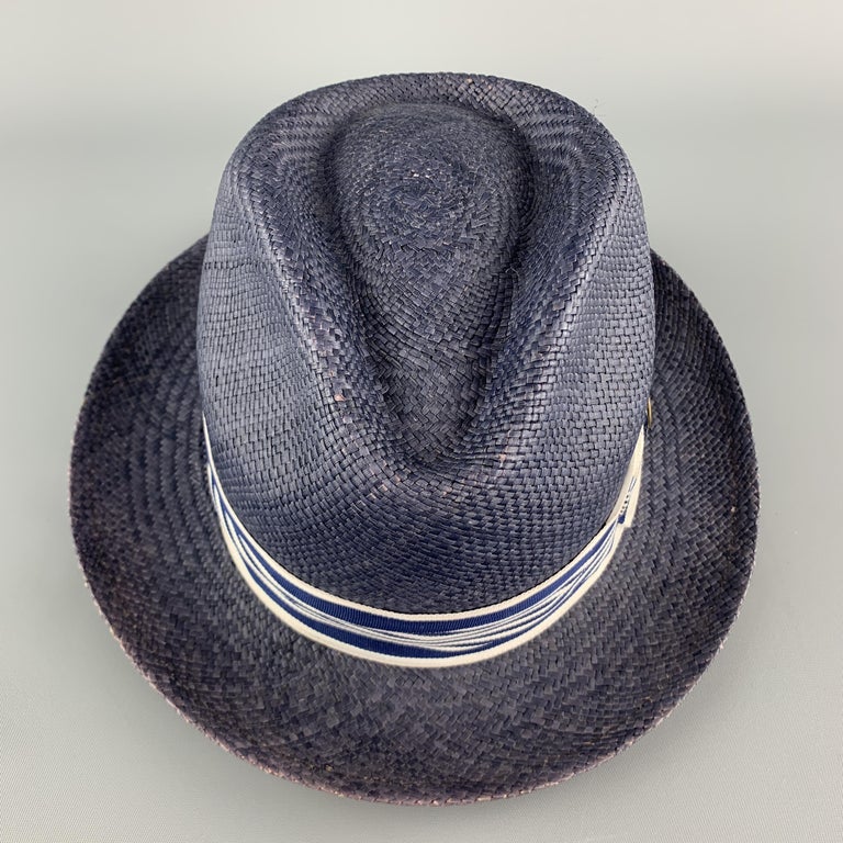 GOORIN BROTHERS Size S Navy Straw Woven Stripe Fedora at 1stDibs