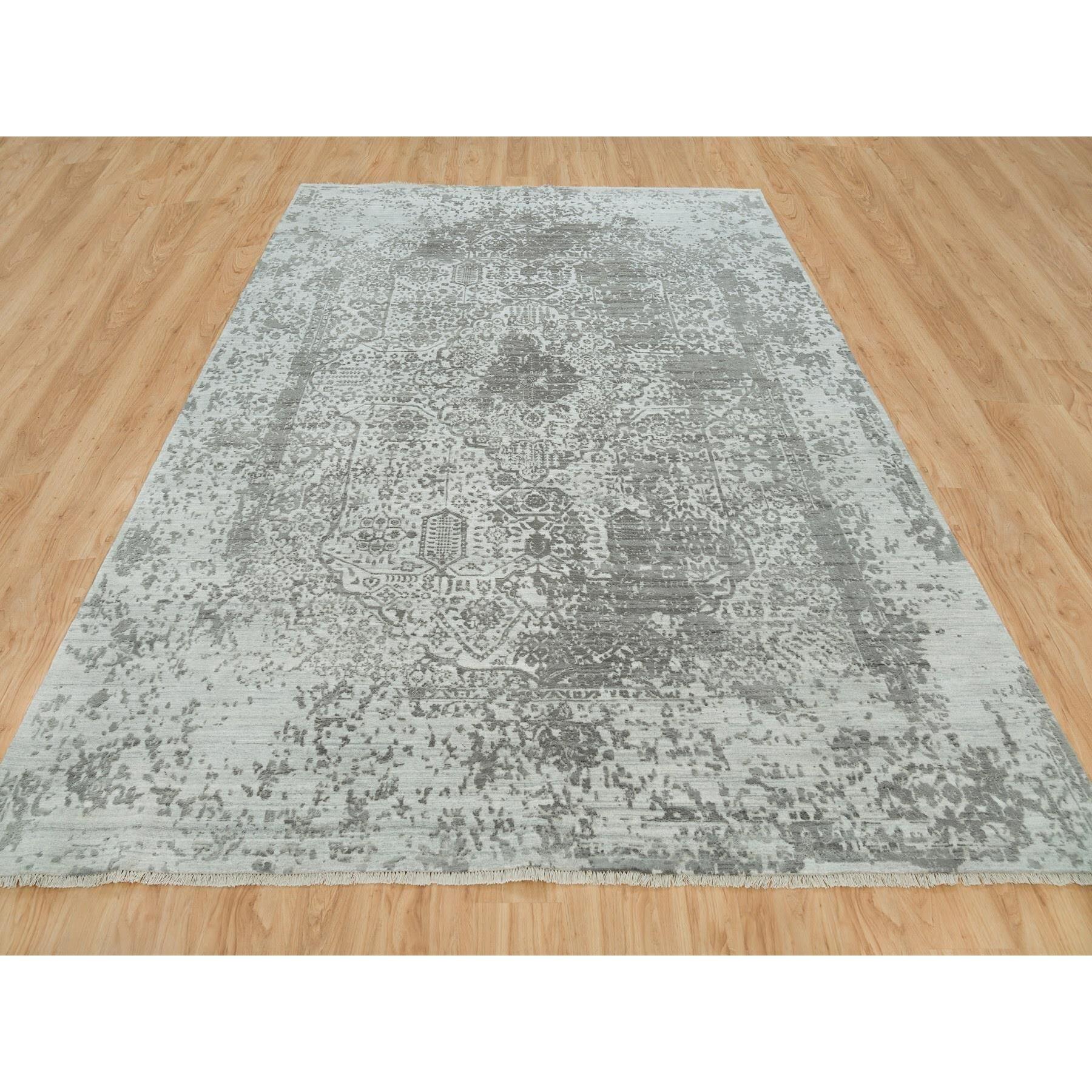 Tribale Tappeto orientale in lana e seta Goose Gray Persian Design Annodato a mano 8'11