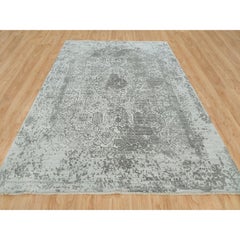 Goose Gray Persian Design Hand Knotted Wool and Silk Oriental Rug 8'11" x 12'1"