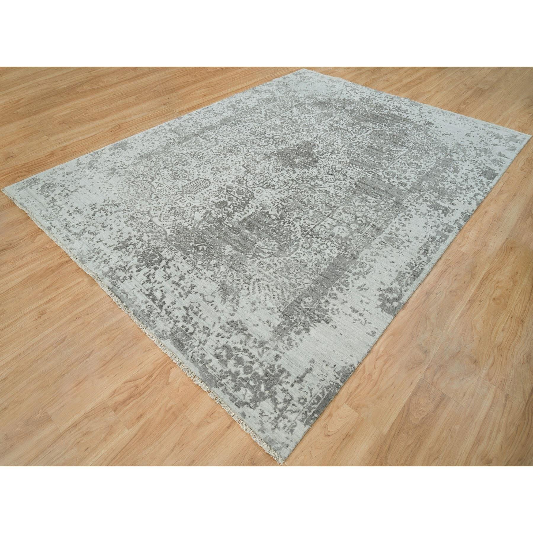 Indiano Tappeto orientale in lana e seta Goose Gray Persian Design Annodato a mano 8'11