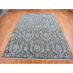 Goose Gray Pure Silk with Wool Tulip Flower Design Hand Knotted Rug 9'0" x 12'2"