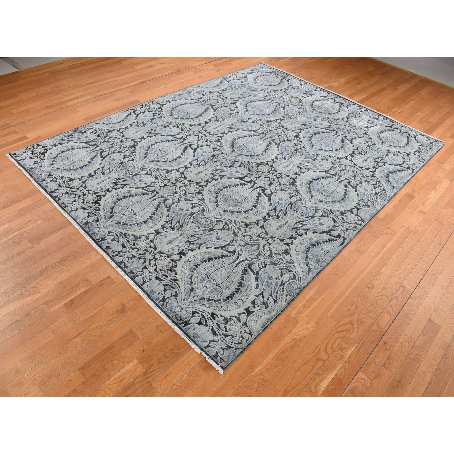 Medievale Tappeto Goose Gray in pura seta con disegno di fiori di tulipano in lana annodato a mano 9'0