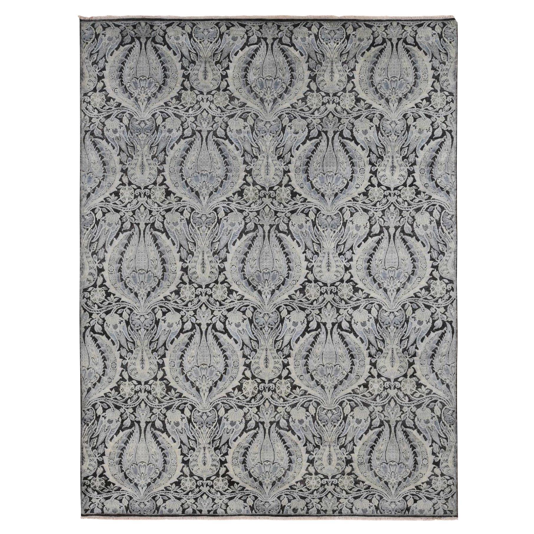 Goose Gray Pure Silk with Wool Tulip Flower Design Hand Knotted Rug 9'0" x 12'2"