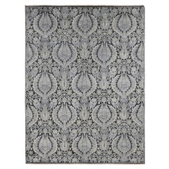 Goose Gray Pure Silk with Wool Tulip Flower Design Hand Knotted Rug 9'0" x 12'2"