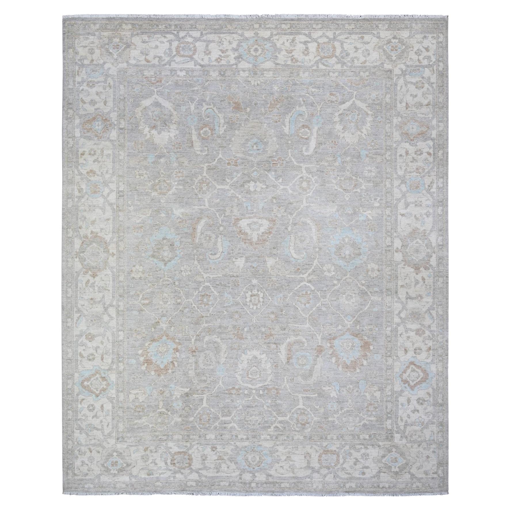 Goose Gray White Wash Peshawar Hand Knotted Pure Wool Oriental Rug 8'10" x 10'9"