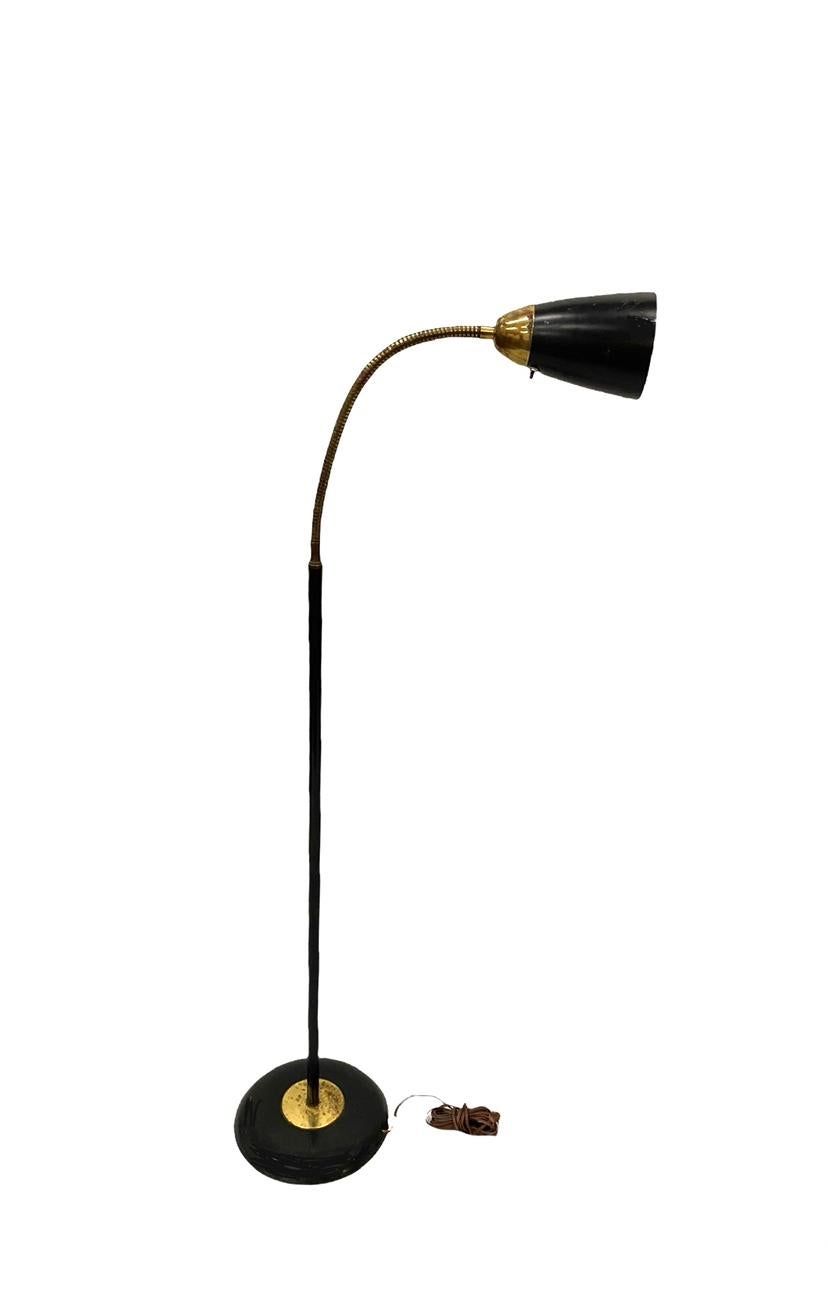 Gooseneck Floor Lamp with Brass Trim For Sale at 1stDibs