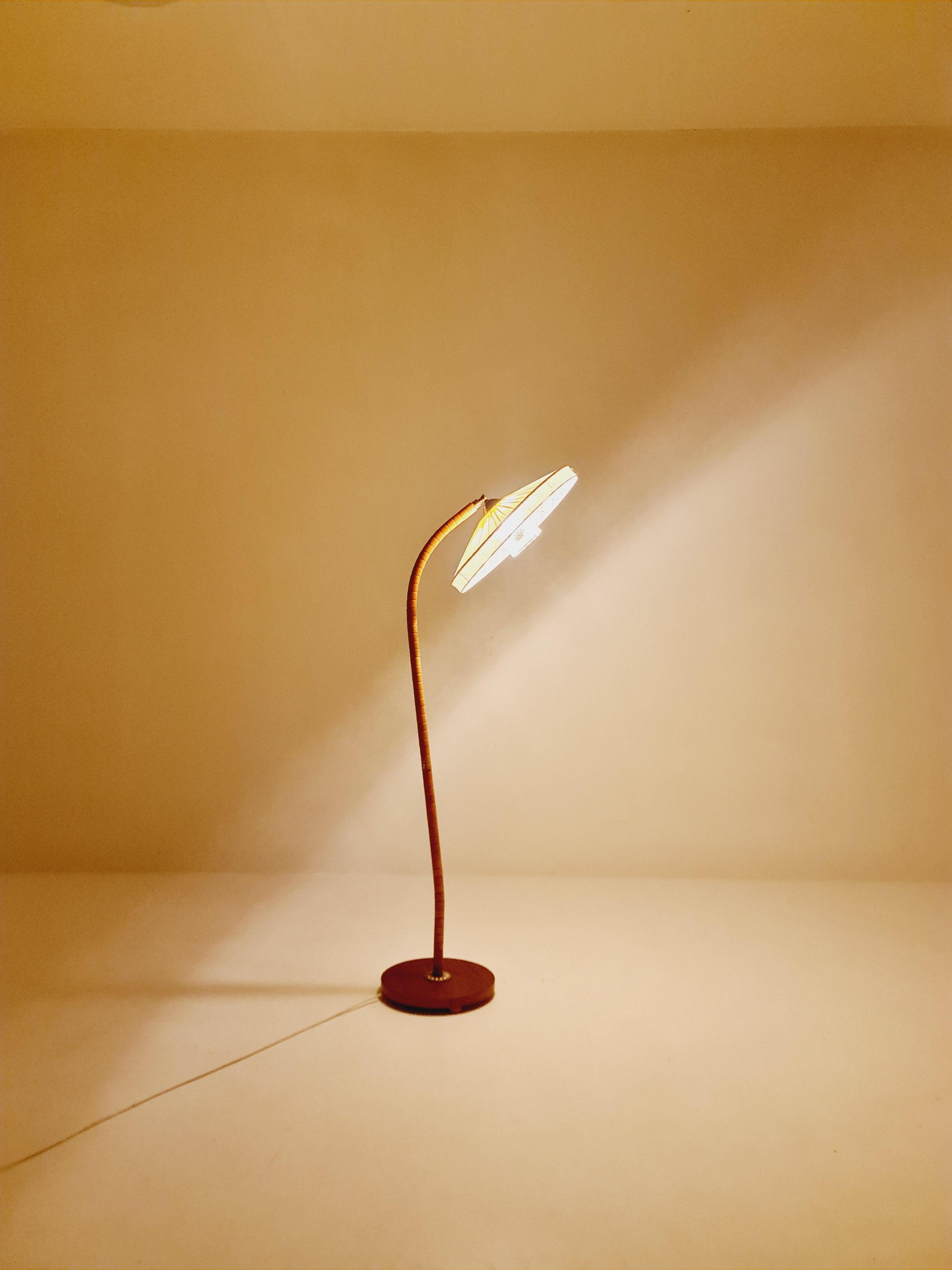 Gooseneck floor lamp in teak and beech with glass and fabric  shade by Marksljöd For Sale 4