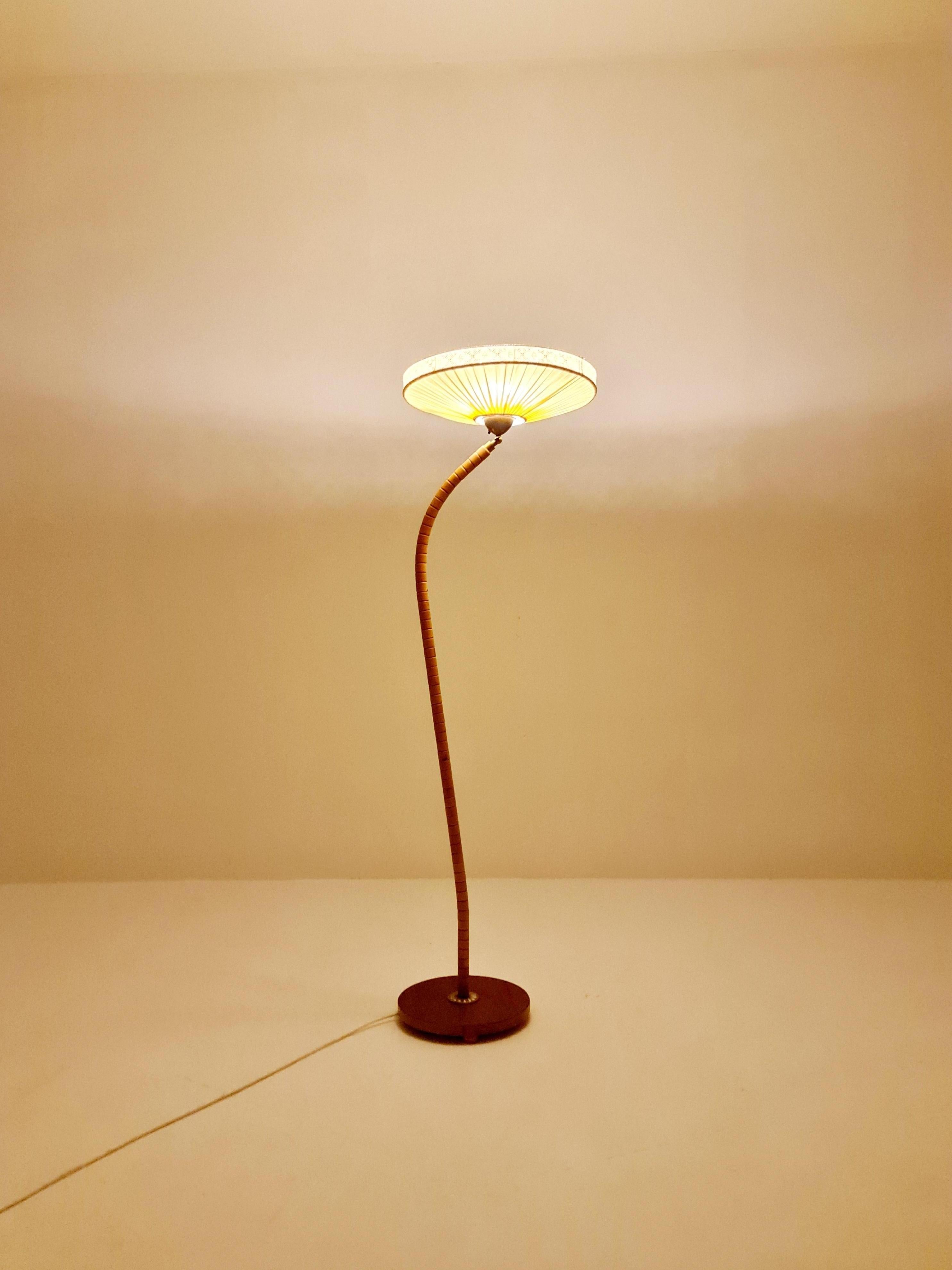 Gooseneck floor lamp in teak and beech with glass and fabric  shade by Marksljöd For Sale 5
