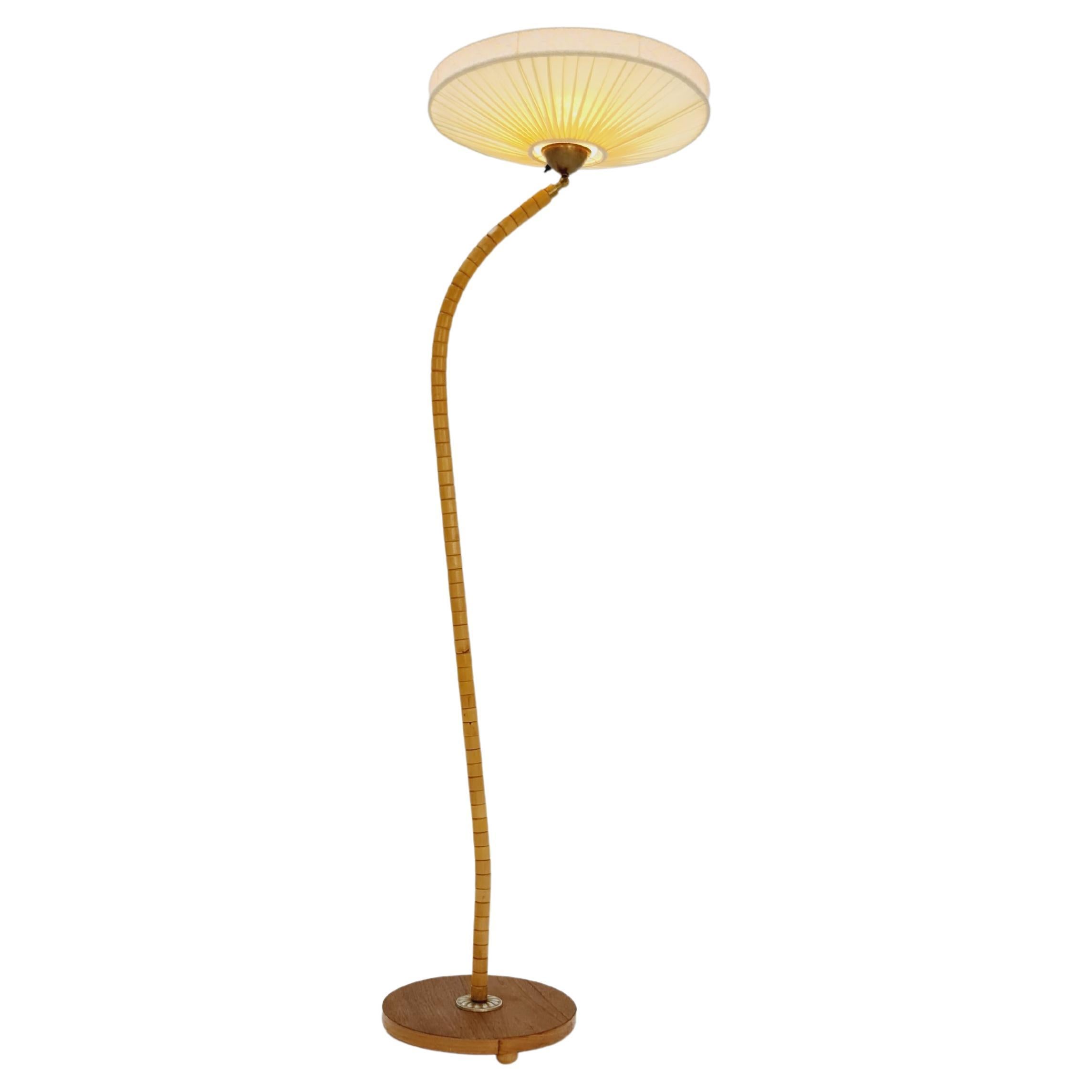 Gooseneck floor lamp in teak and beech with glass and fabric  shade by Marksljöd For Sale