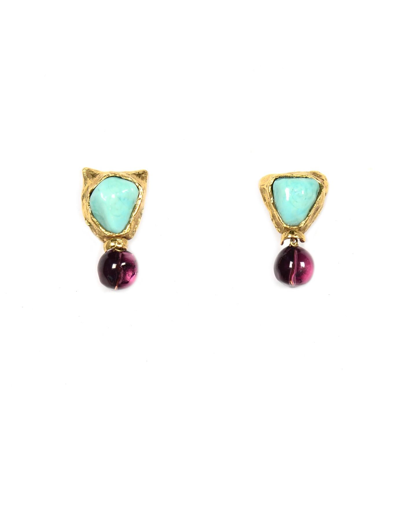 Robert Goossens Paris Goldtone Clip On Earrings W/ Turquoise & Purple Gripoix In Good Condition In New York, NY
