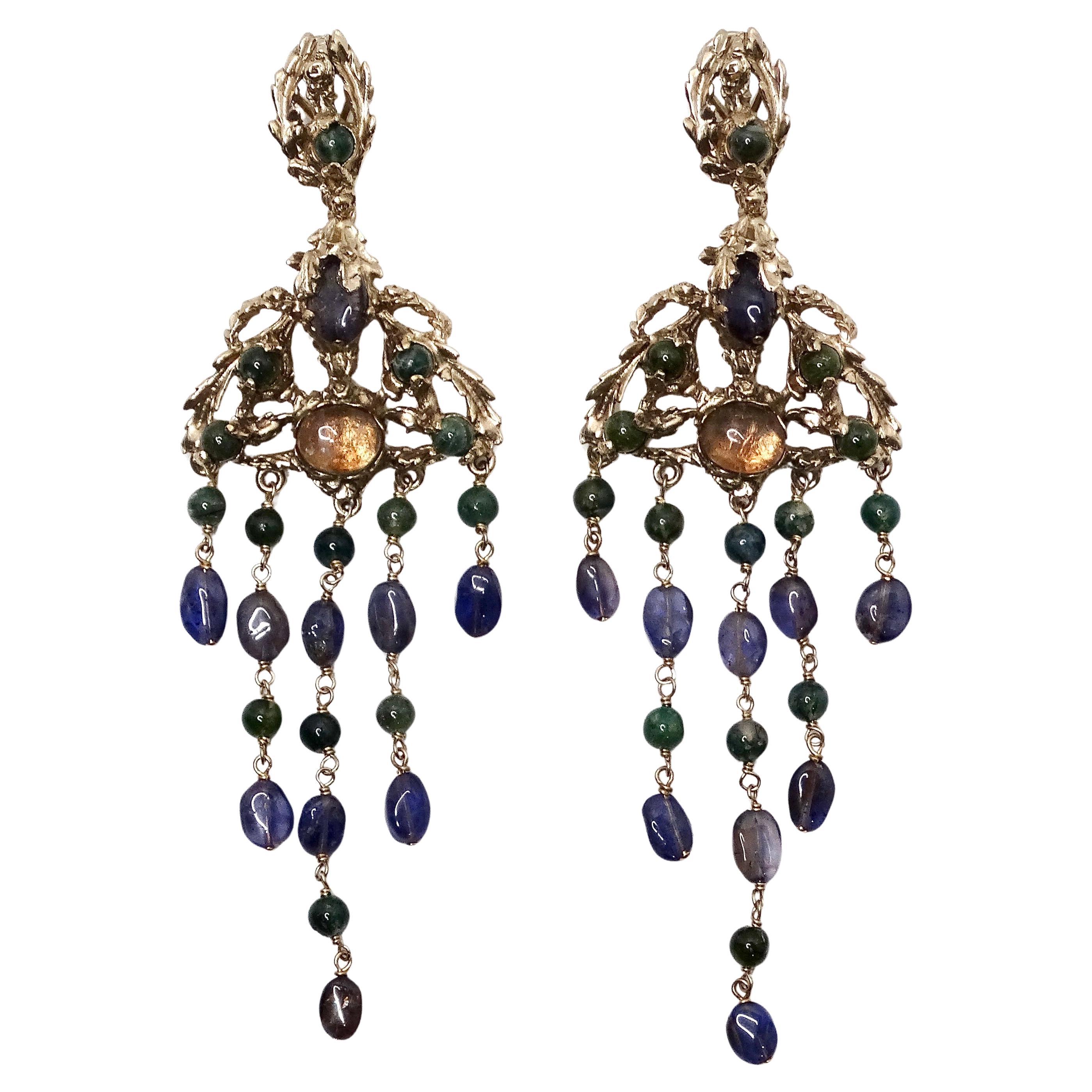 Goosens Paris Ornate Multicolor Gemstone Dangle Earrings For Sale