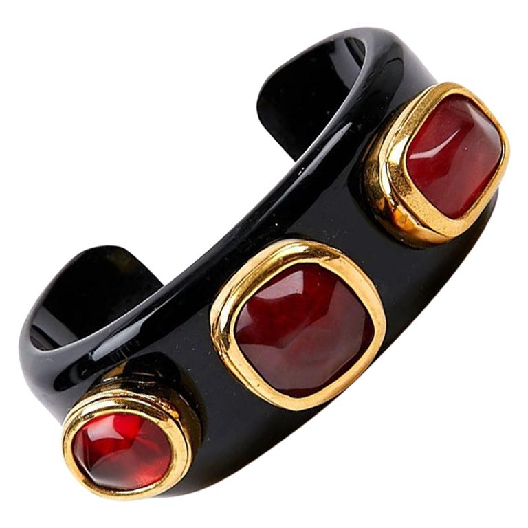 GOOSSENS Black Cuff Bracelet with Tinted Rock Crystal Cabochons For Sale