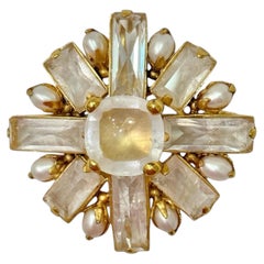 Goossens Paris 24K Gold-Plated Brass Brooch with Rock Crystals and Pearls