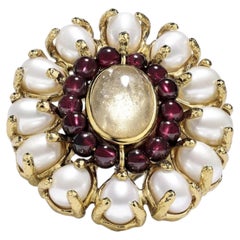 Goossens Paris 24kt Gold Plated Baroque Pearl Garnet Cocktail Ring